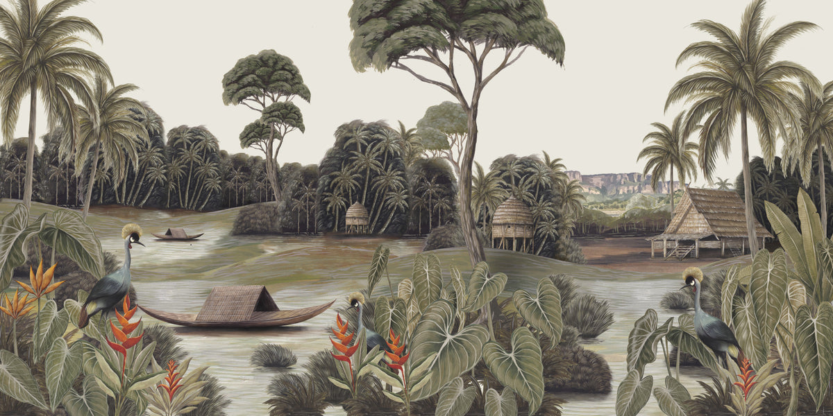 Vintage Exotic Tropical River and Cranes Wall Mural in your room