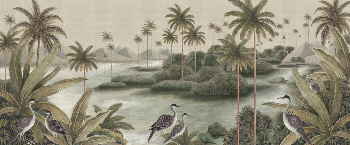 Vintage Chinoiserie Palm & Heron Wall Mural in your room