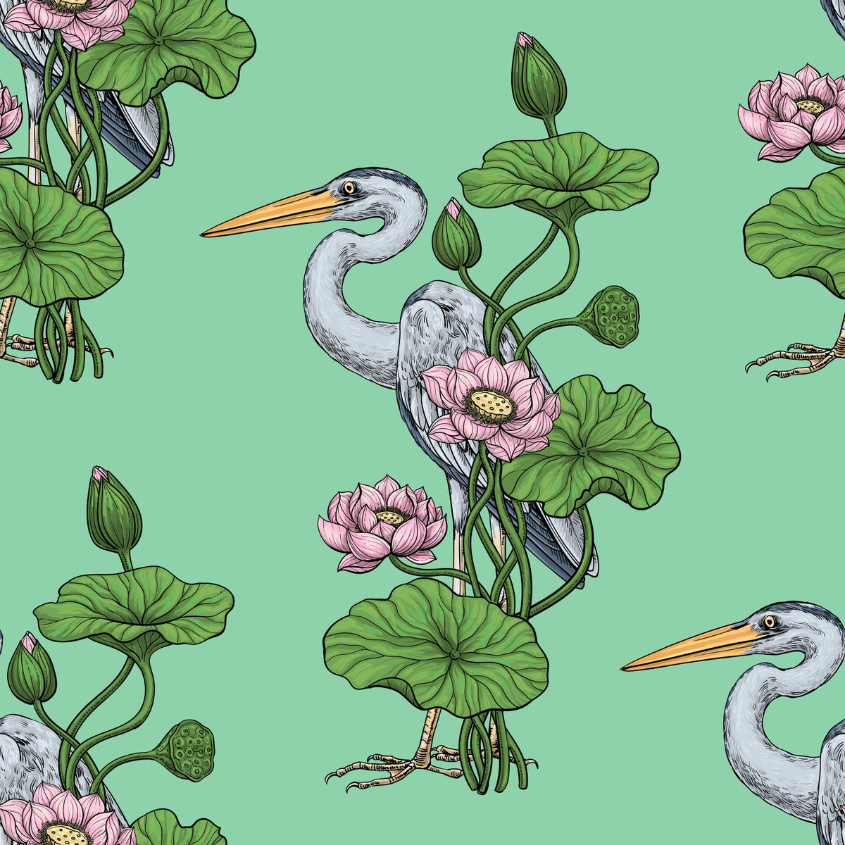 Heron in the Pink Lotus Garden on jade Wallpaper⁠ in your room — zoomed