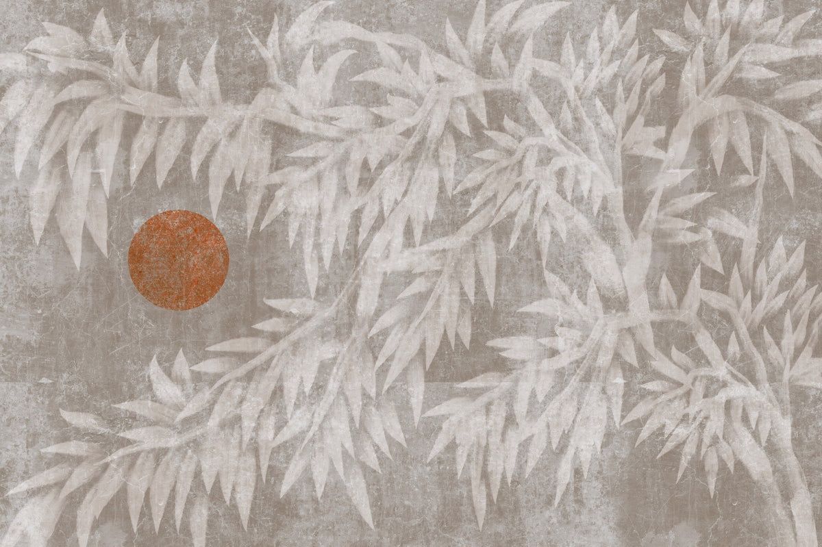 Rustic Japandi Sun and Foliage Wall Mural