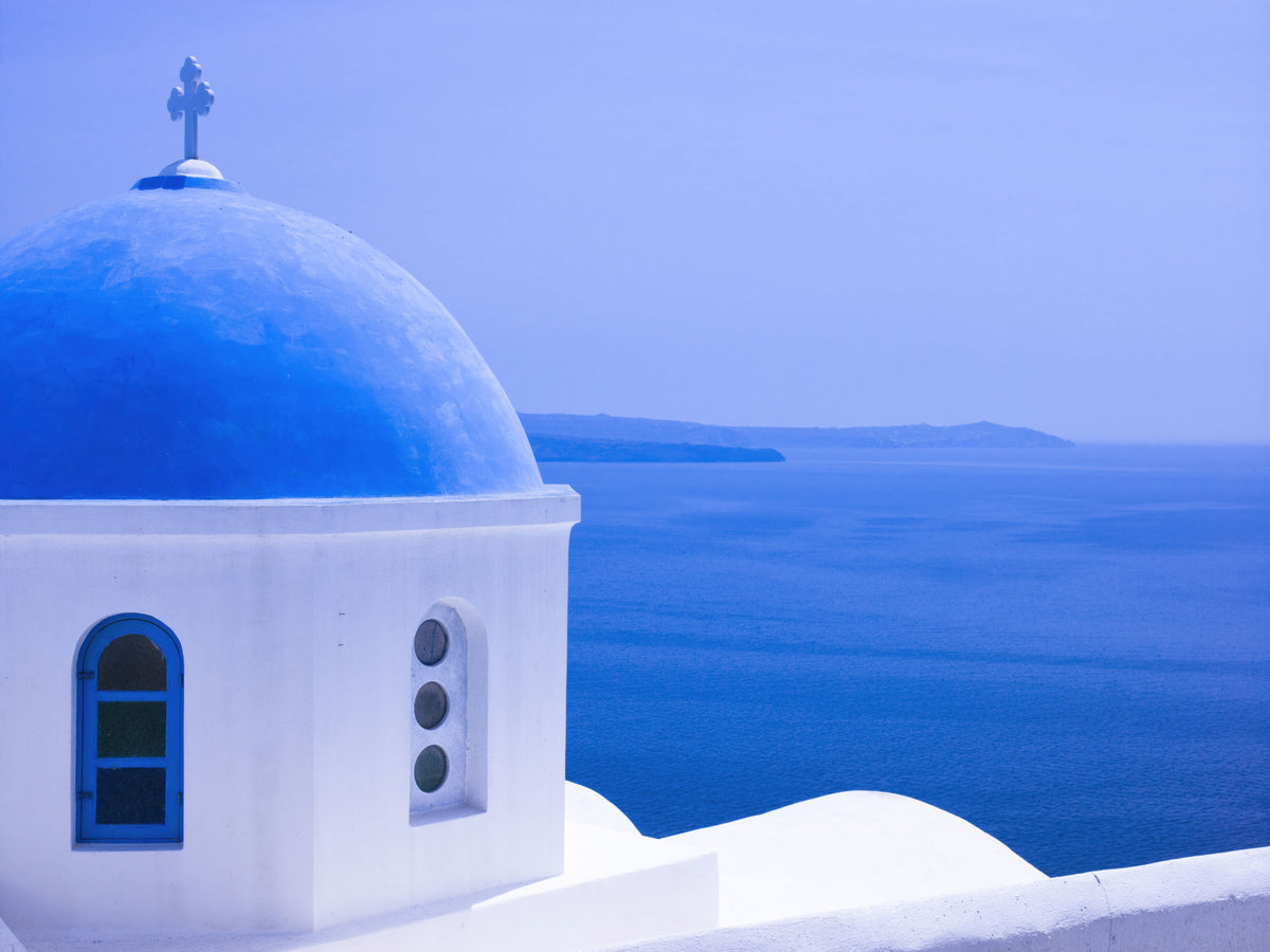Aegean Serenity: Santorini Blue Dome Wall Mural in your room