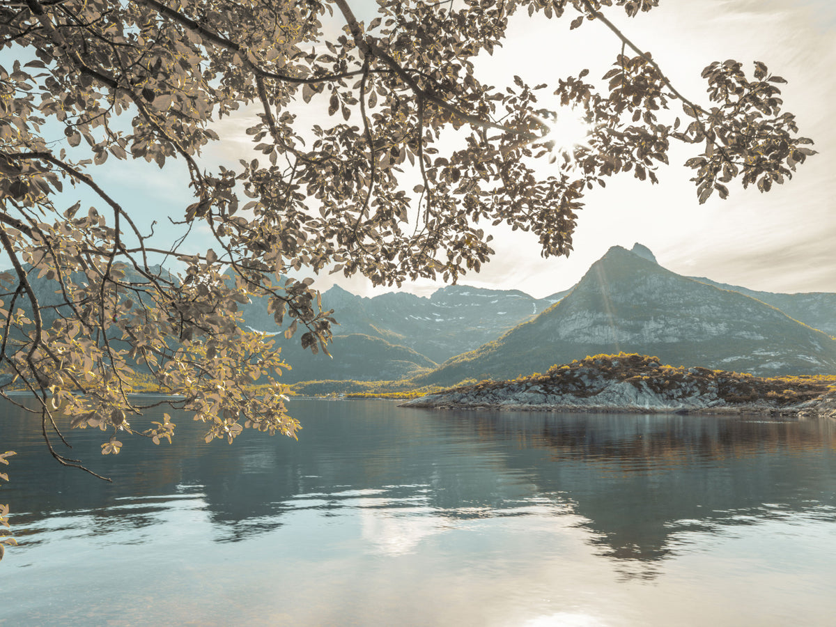 Sunlit Lake and Mountain Vista Wall Mural in your room — zoomed