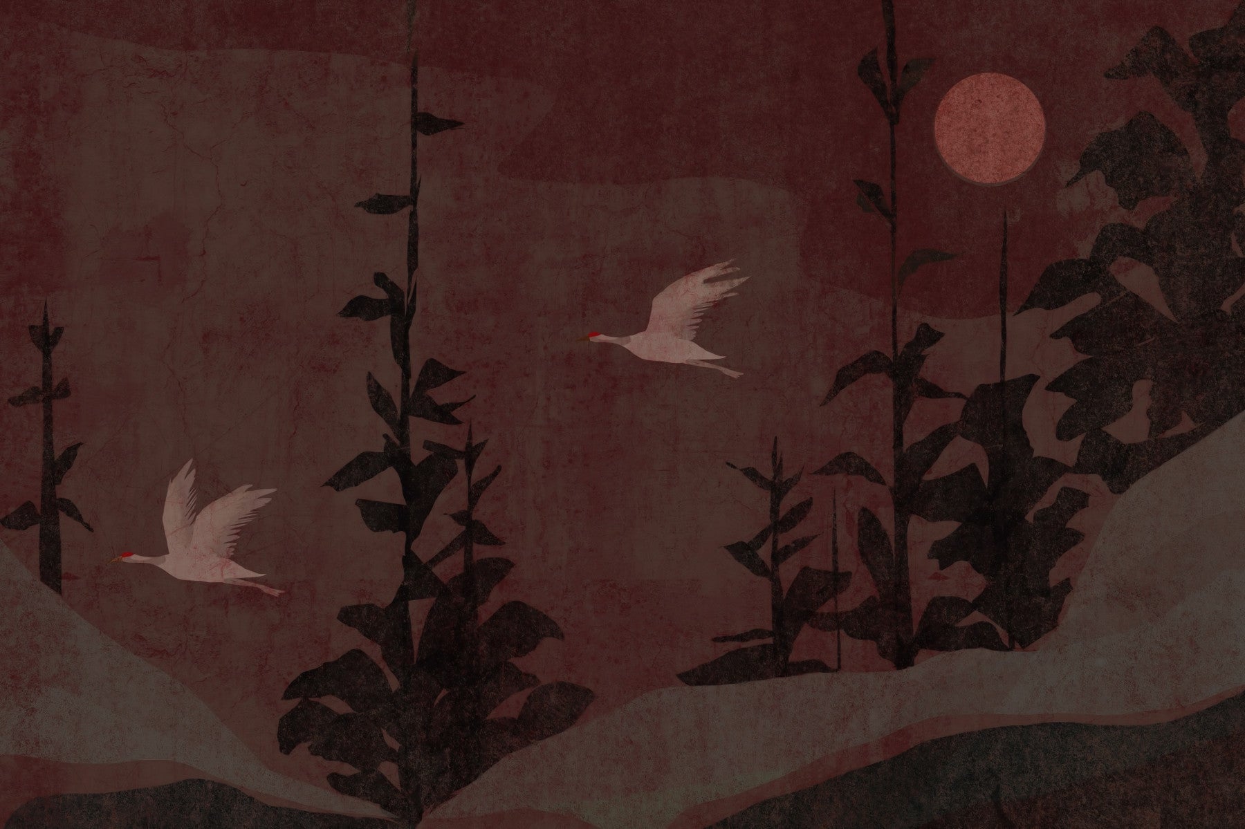 Chinoiserie Nightfall with Soaring Cranes Wall Mural