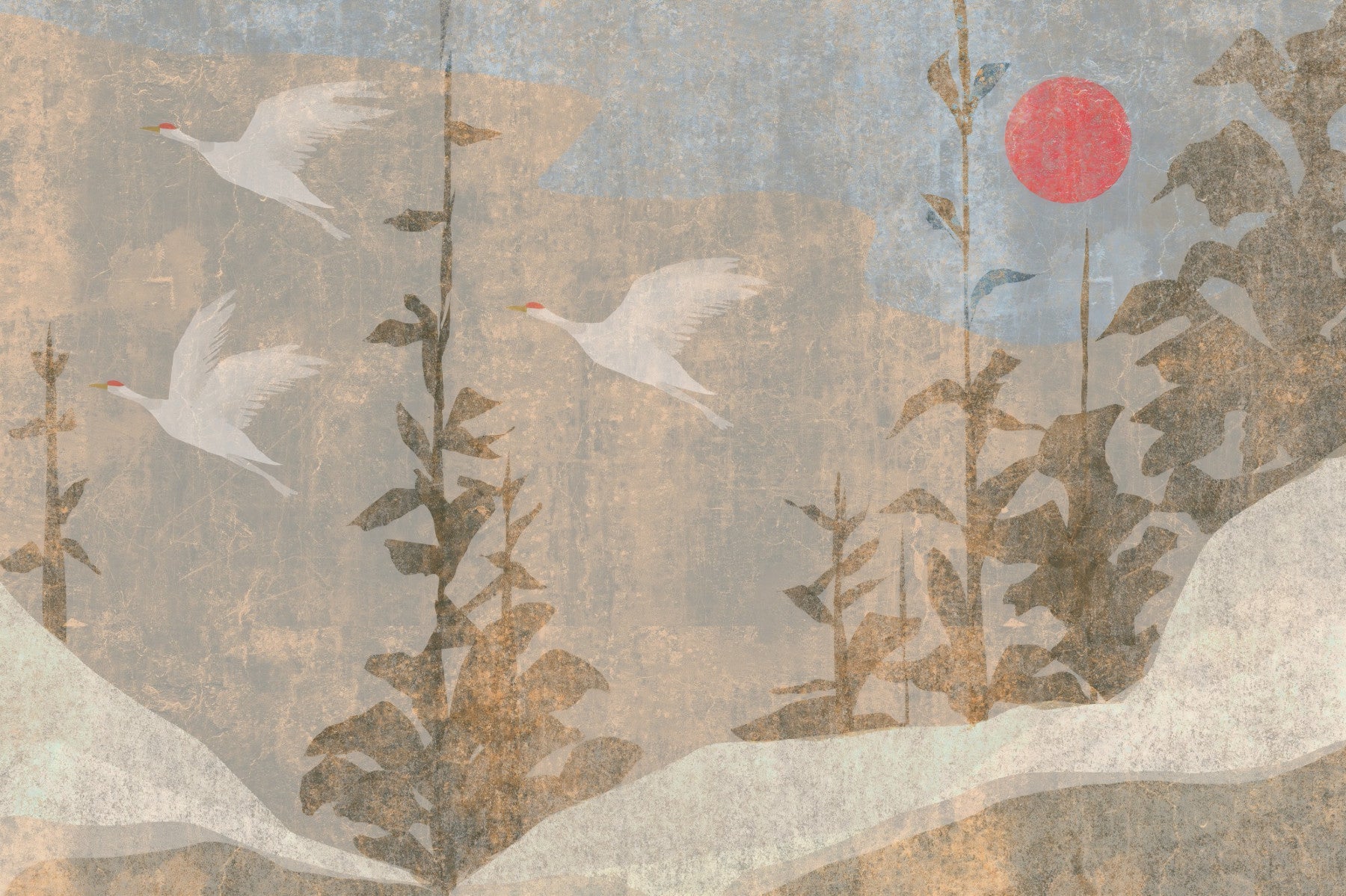 Flying Cranes and Crimson Sun Scenic Wall Mural