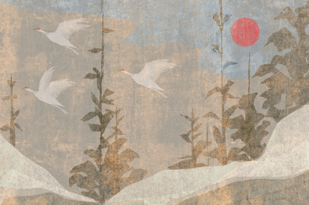 Flying Cranes and Crimson Sun Scenic Wall Mural in your room
