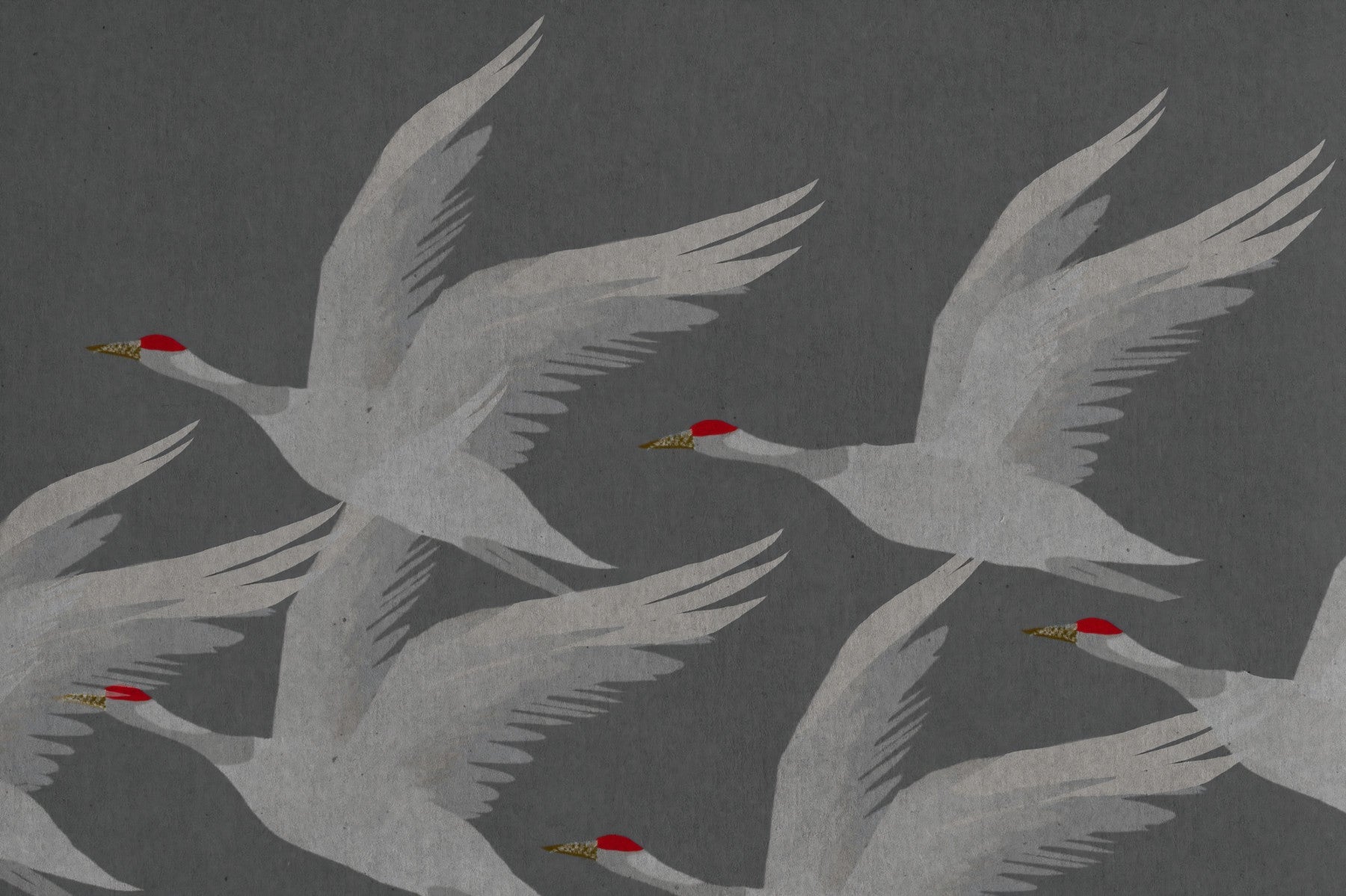 Oriental Crane Flight in Slate and Gold Wall Mural