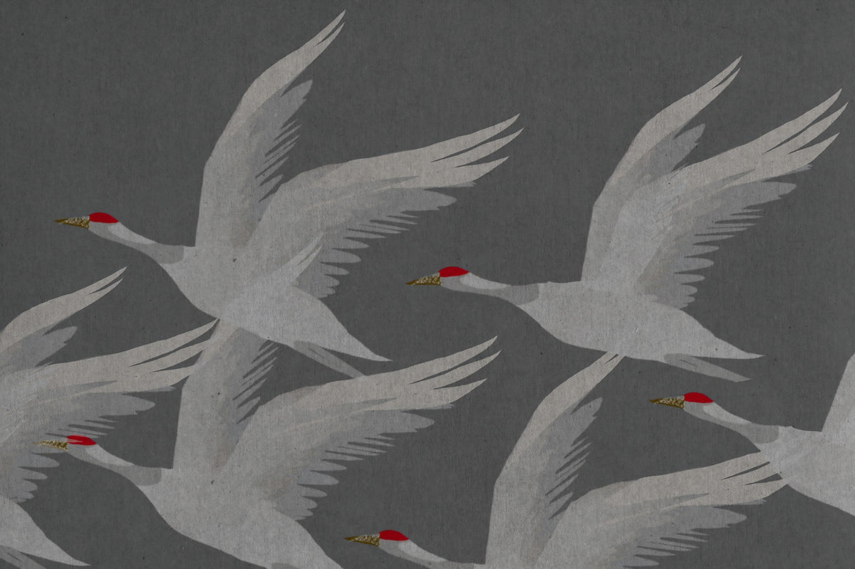 Oriental Crane Flight in Slate and Gold Wall Mural in your room — zoomed