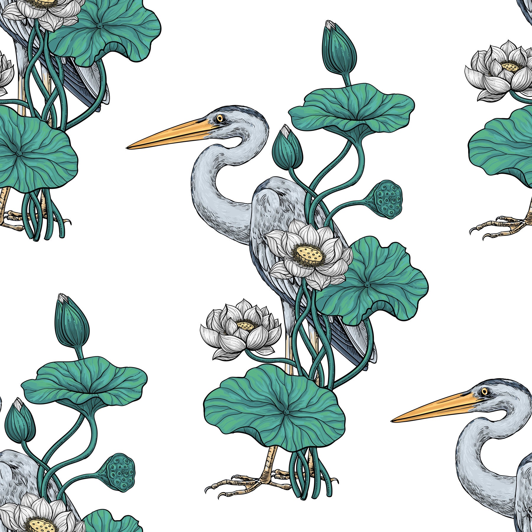 Heron in the White Lotus Garden on white Wallpaper⁠