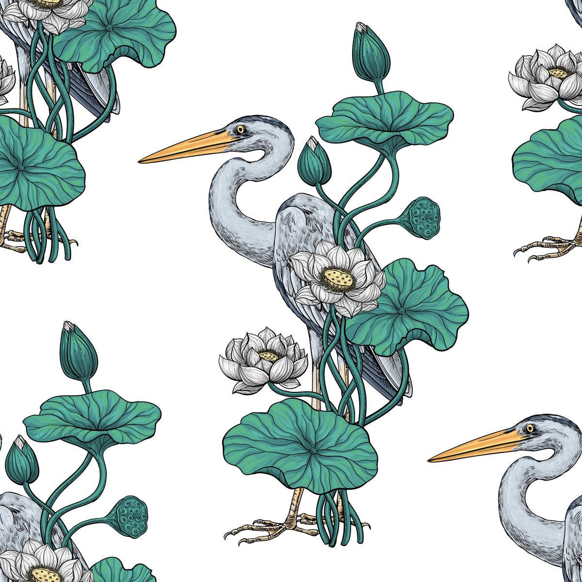 Heron in the White Lotus Garden on white Wallpaper⁠ in your room