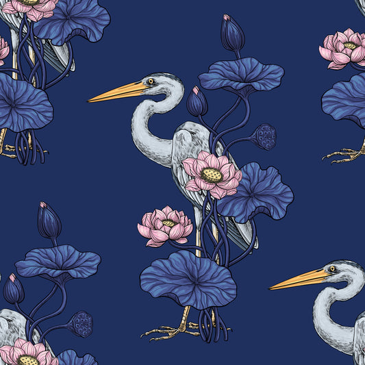 Heron in the Pink Lotus Garden on delpht blue Wallpaper⁠
