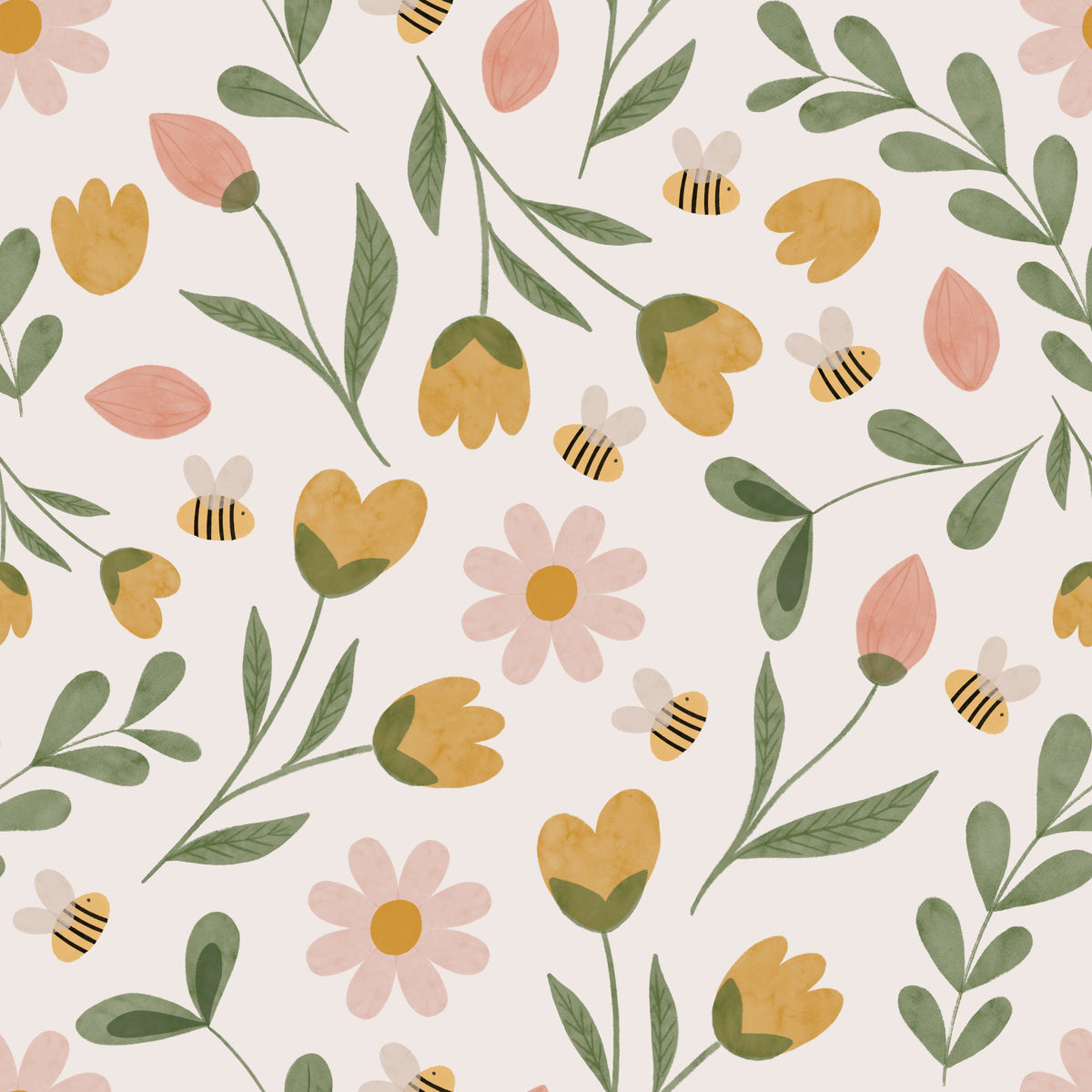 Whimsical Honeybee Meadow Pattern Wallpaper⁠ in your room