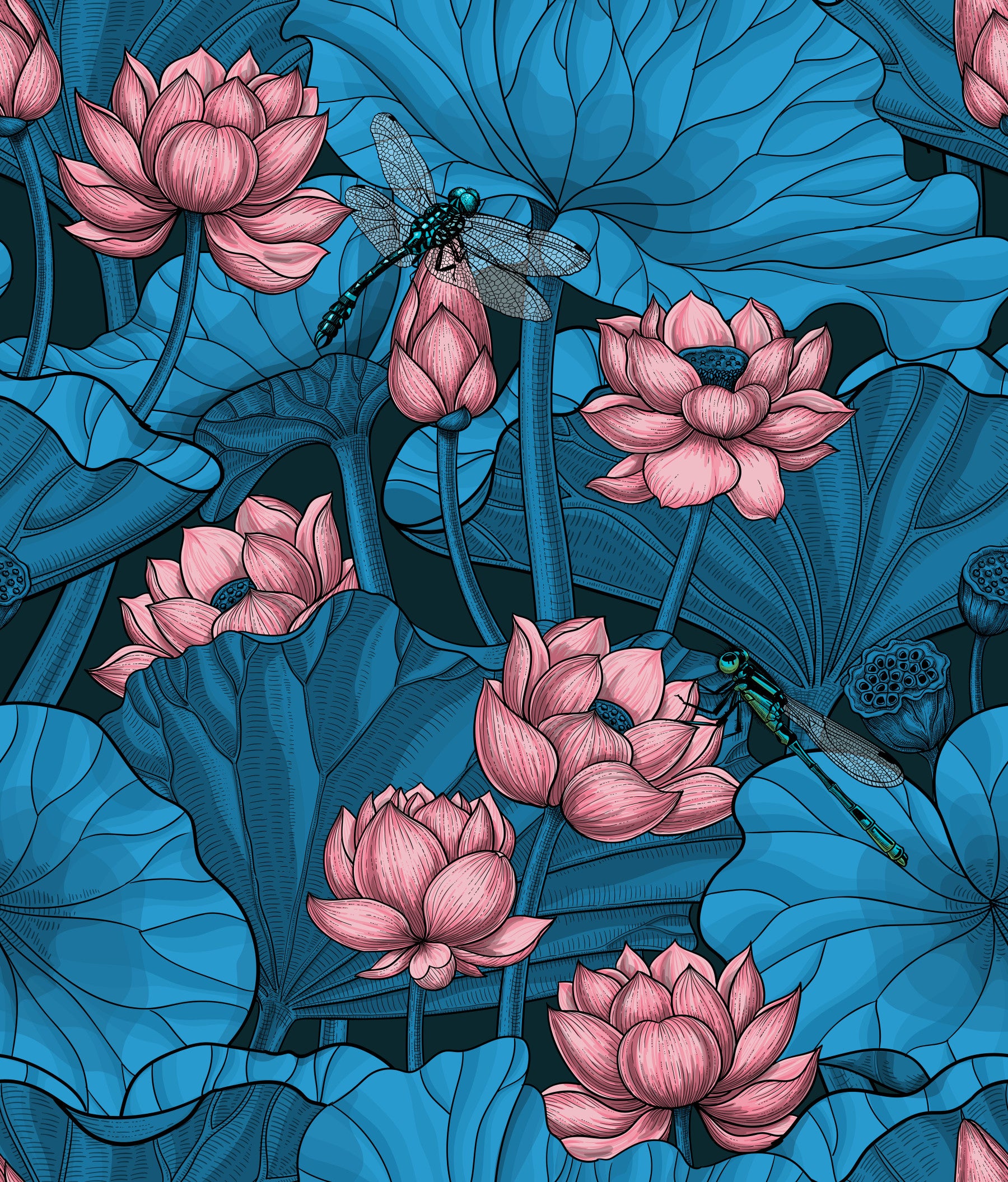 Zen Lotus Pond with Dragonflies in pink and blue Wallpaper⁠