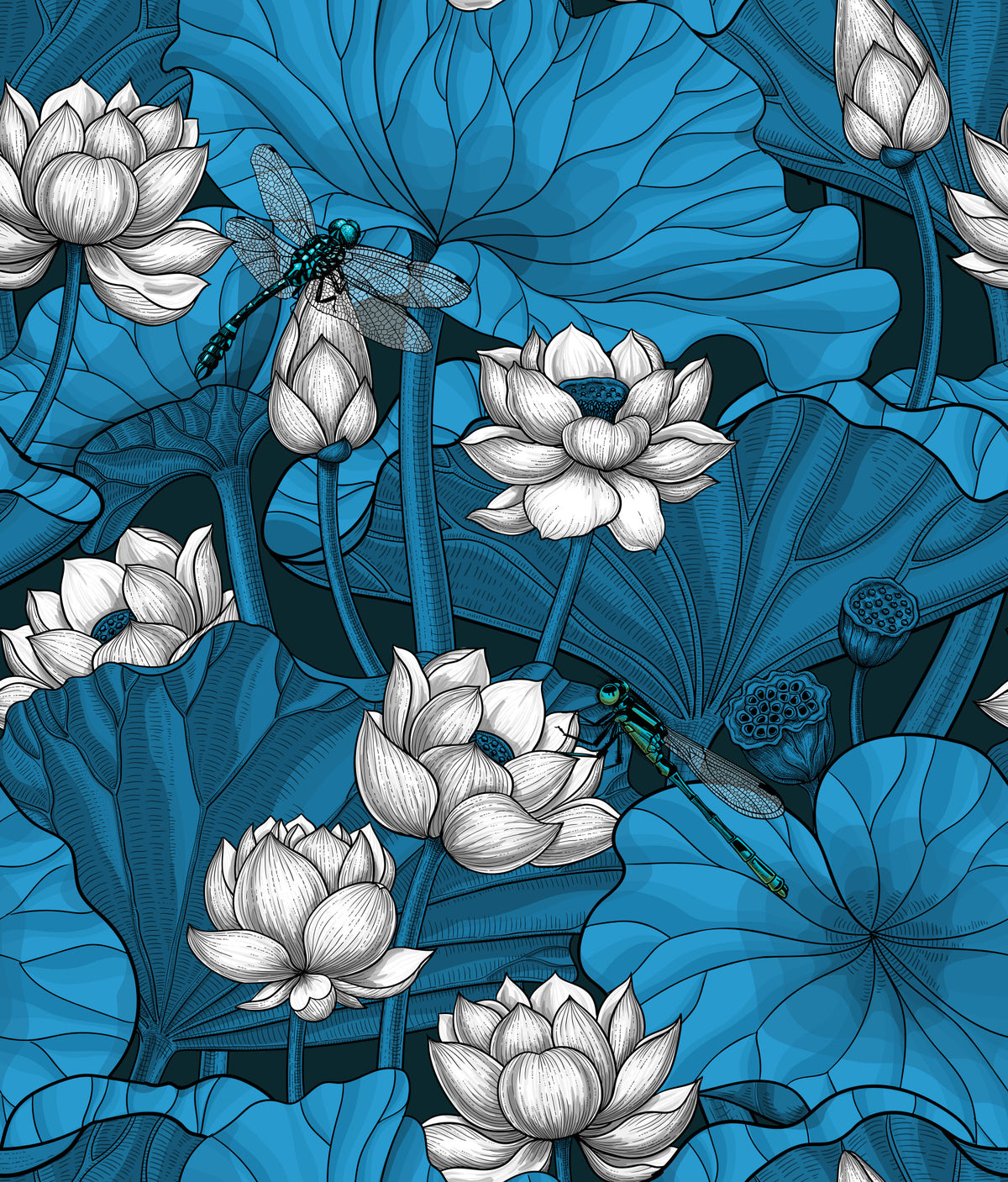 Zen Lotus Pond with Dragonflies in white and blue Wallpaper⁠ in your room