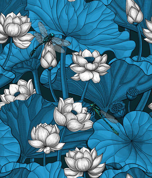 Zen Lotus Pond with Dragonflies in white and blue Wallpaper⁠