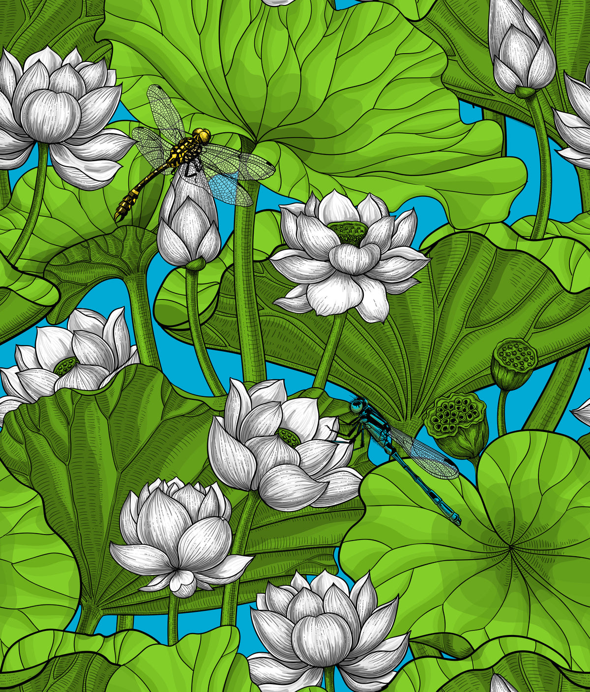 Zen Lotus Pond with Dragonflies in white and green Wallpaper⁠ in your room — zoomed