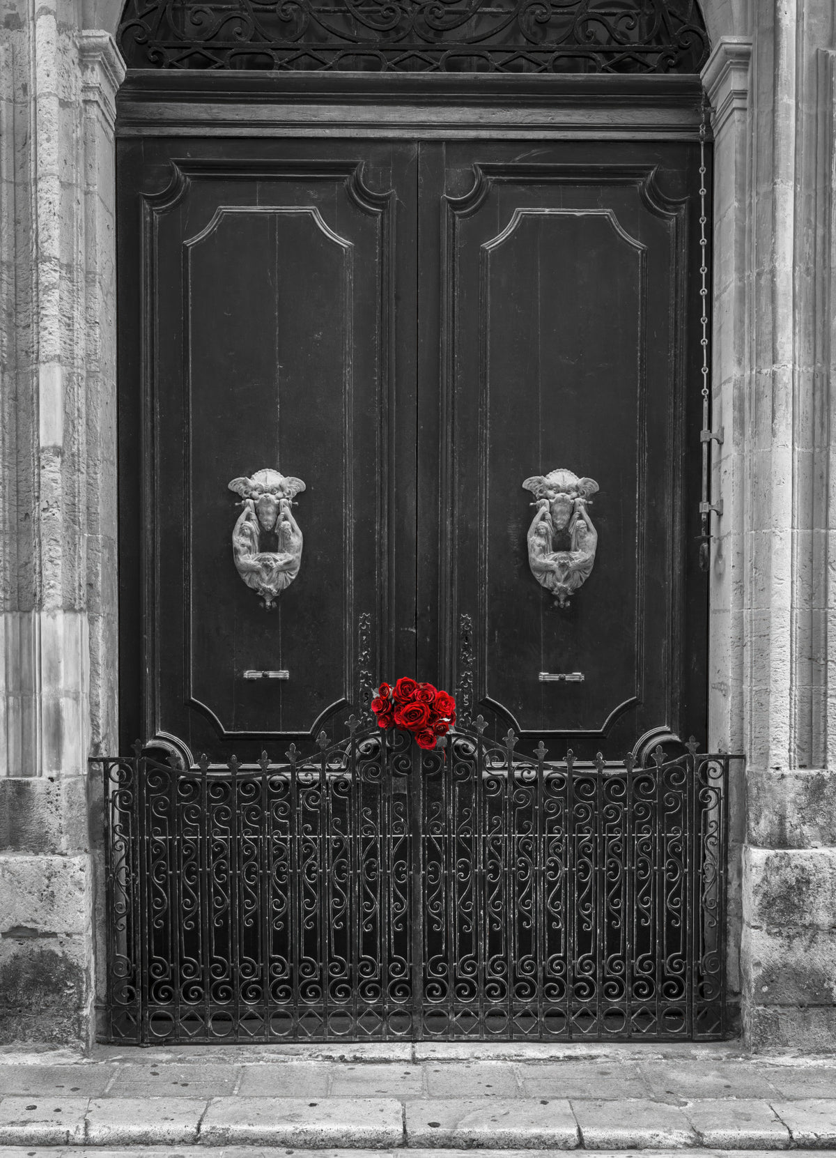 Scarlet Roses on Antique Iron Gate Wall Mural in your room — zoomed