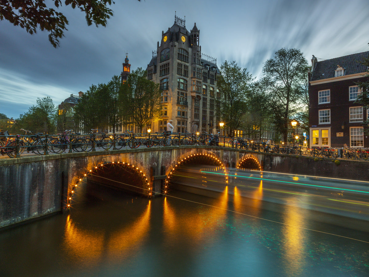 Amsterdam Canal Evening Illumination Wall Mural in your room — zoomed