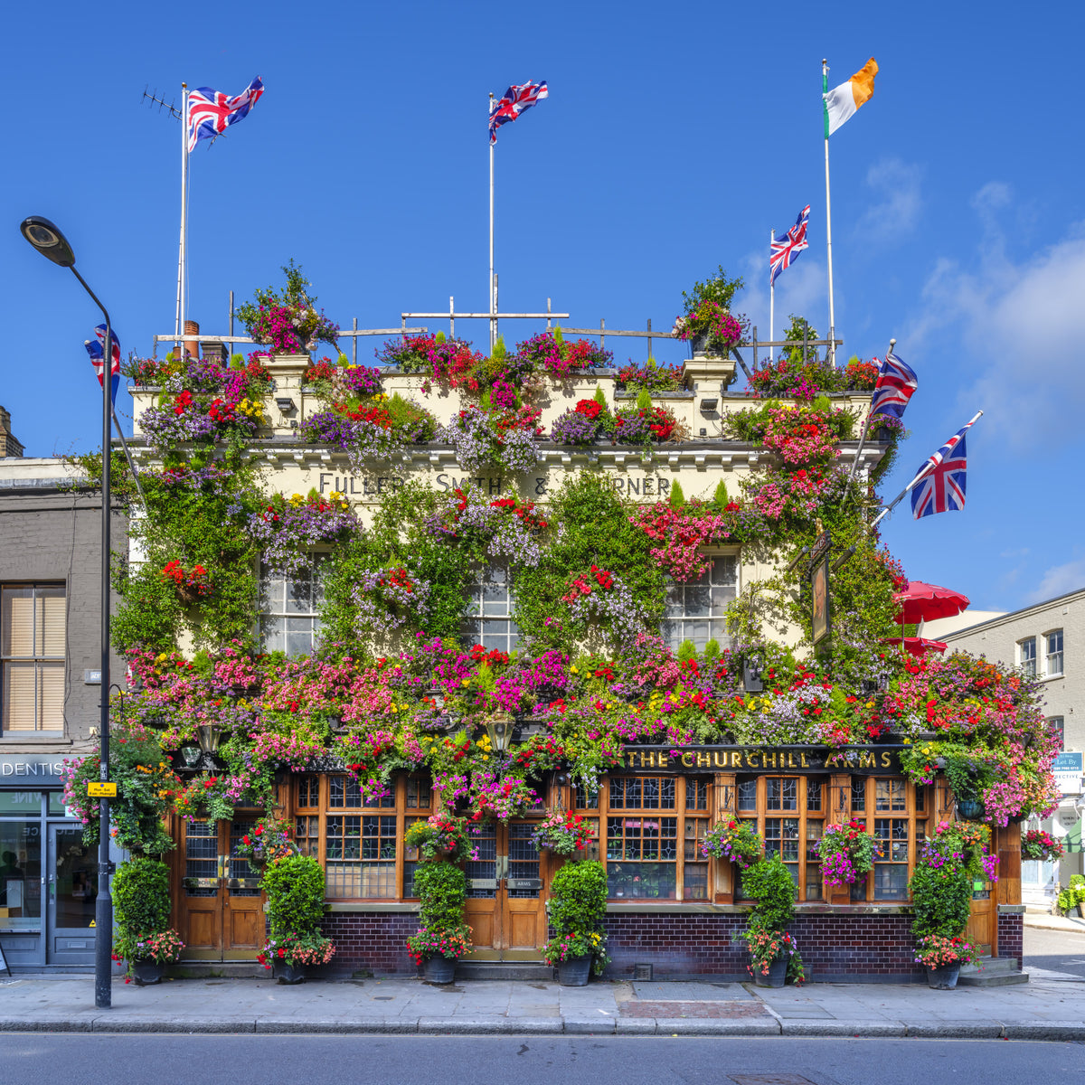London Floral Pub Exterior Wall Mural in your room — zoomed