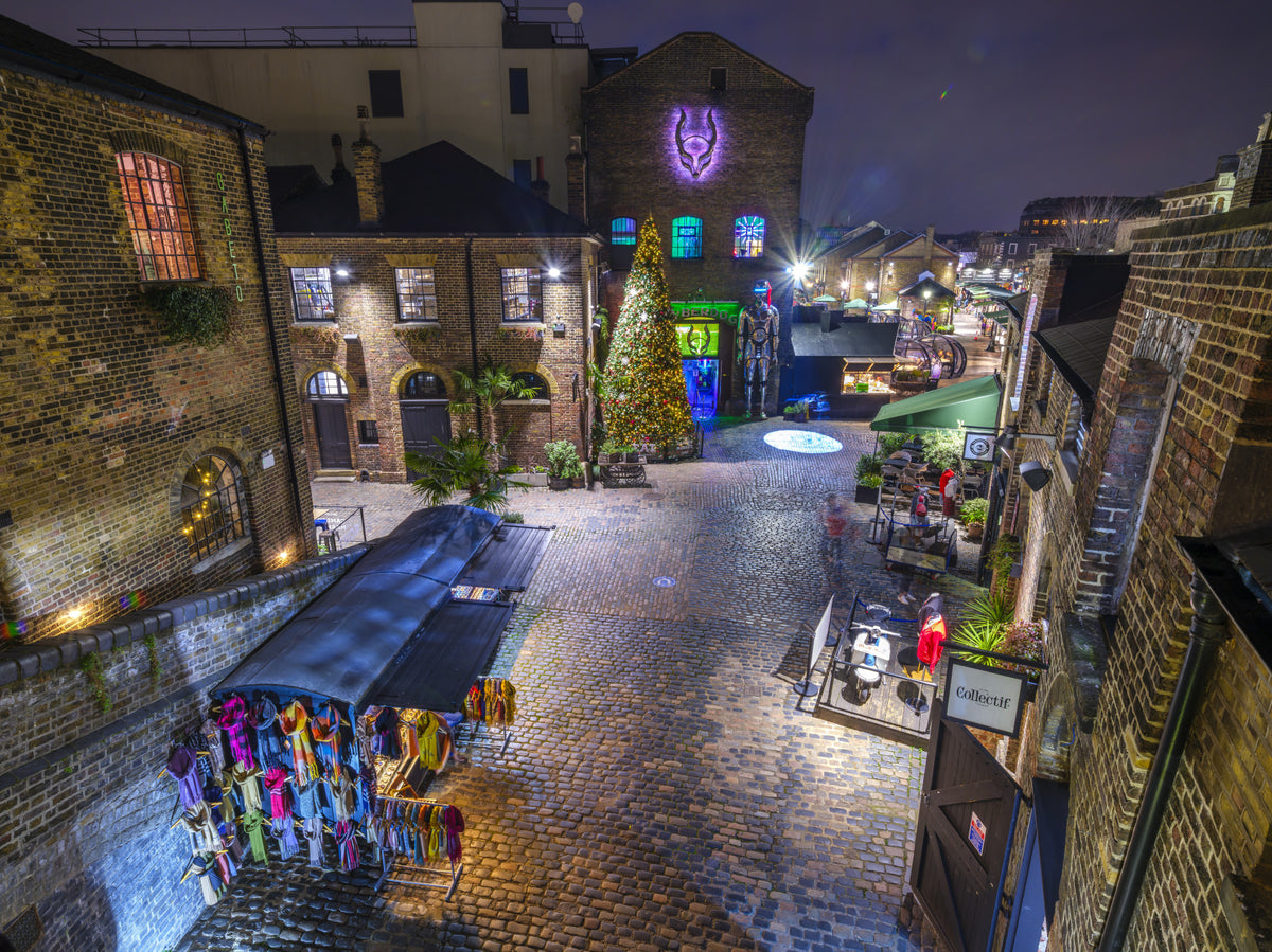 London Nighttime Cobblestone Market Square Wall Mural in your room
