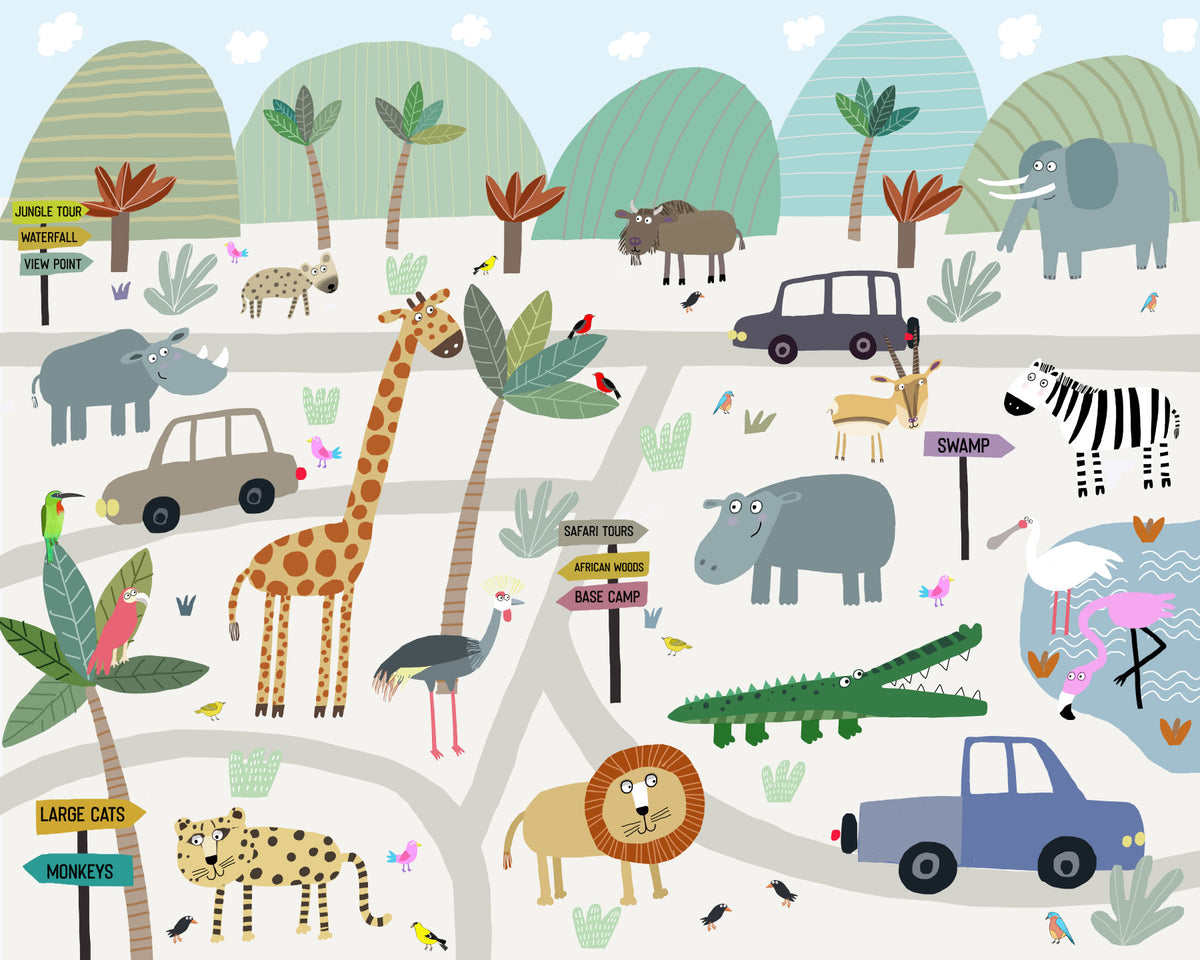 Safari Animal Adventure Map Wall Mural in your room