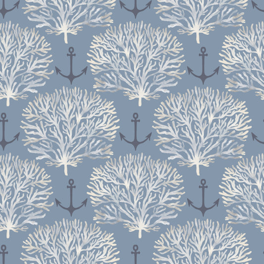 Coastal Marine Coral and Anchor Pattern Wallpaper⁠