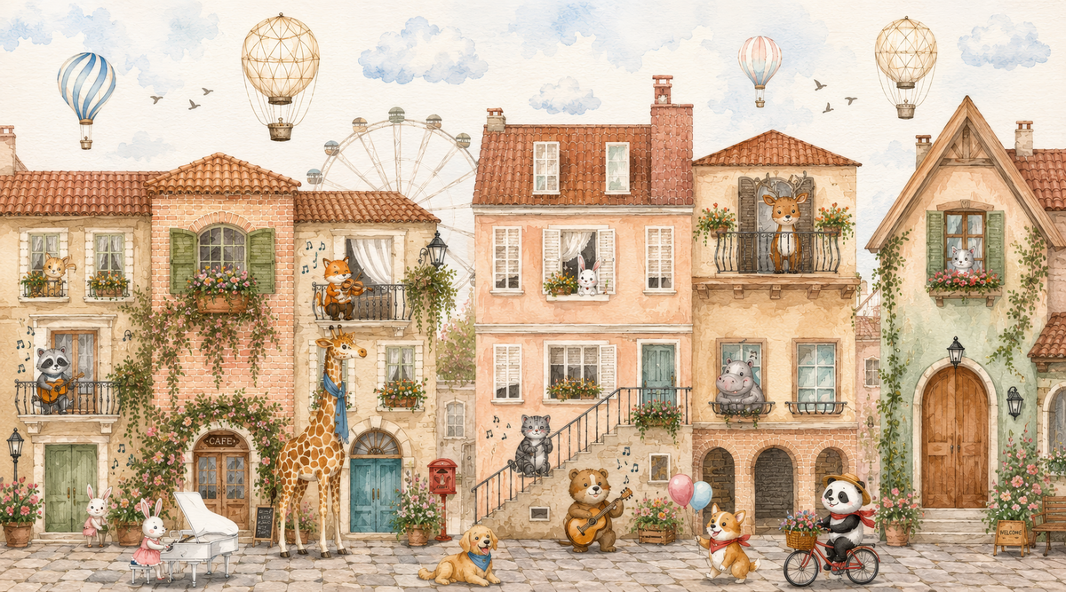 Charming Animal Town Scene Wall Mural in your room — zoomed