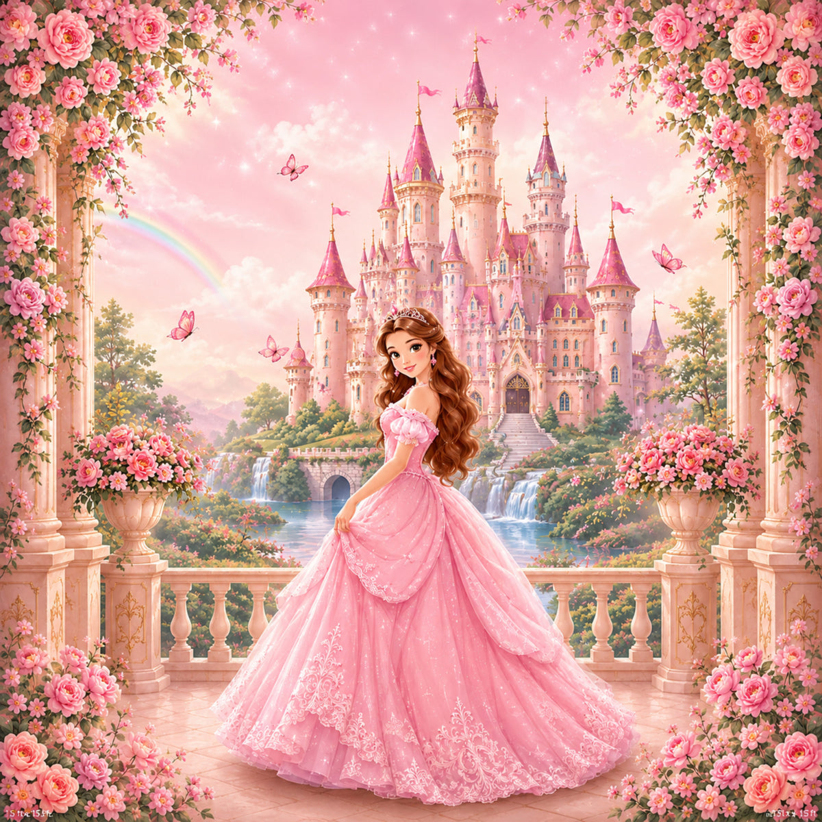 Pink Castle Princess Garden Scene Wall Mural in your room — zoomed