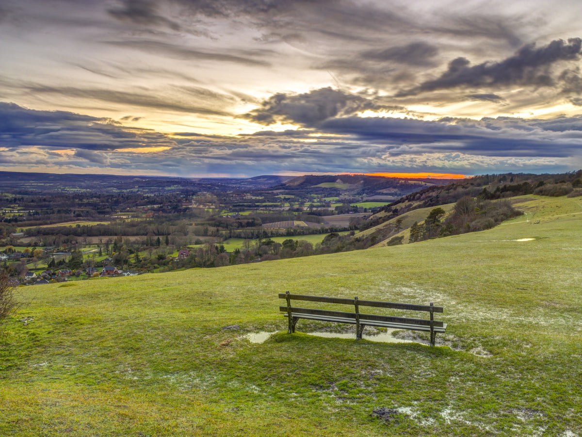 Golden Sunset Valley Bench Wall Mural in your room — zoomed