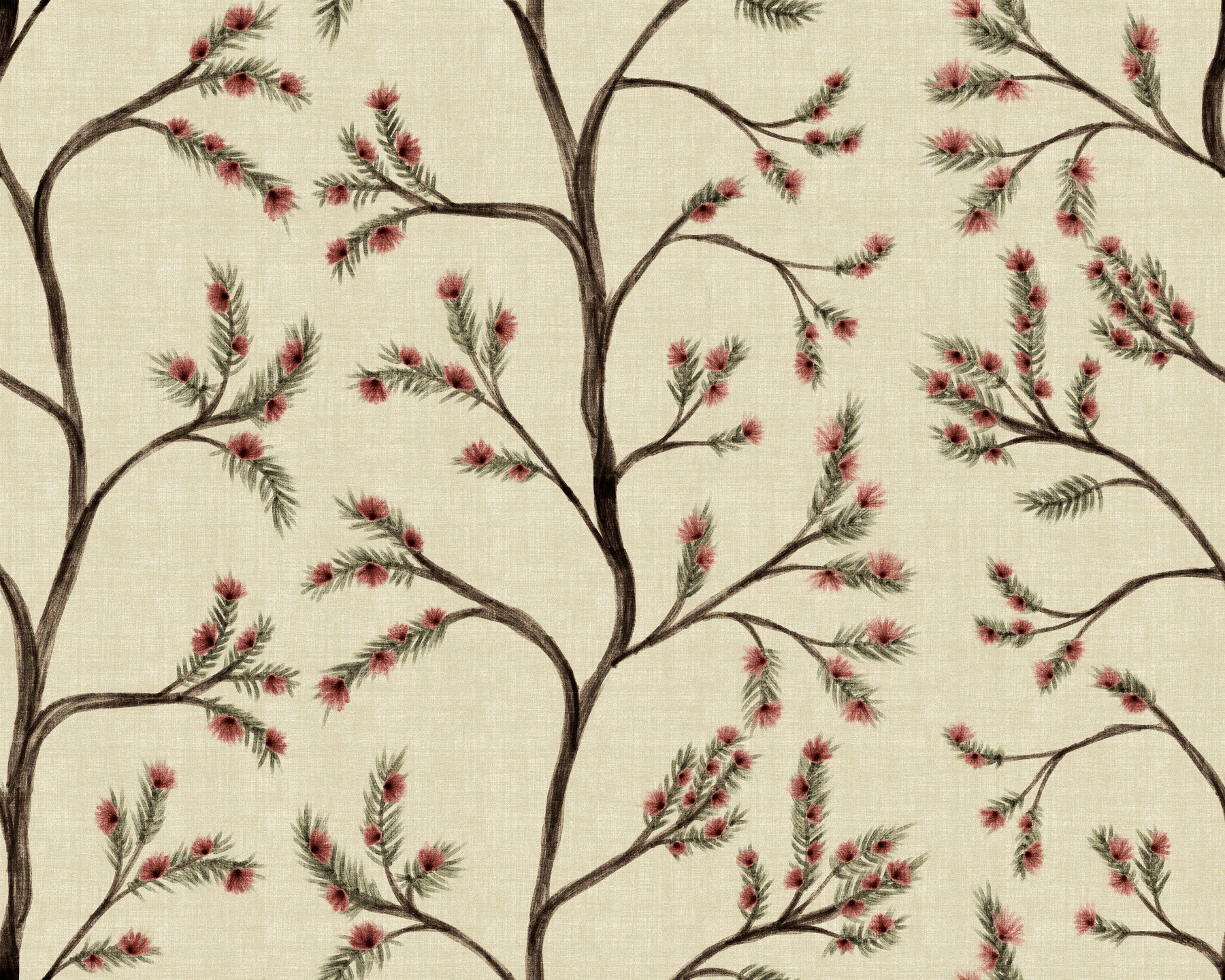 Asian Floral Branches on Antique Linen Wallpaper⁠