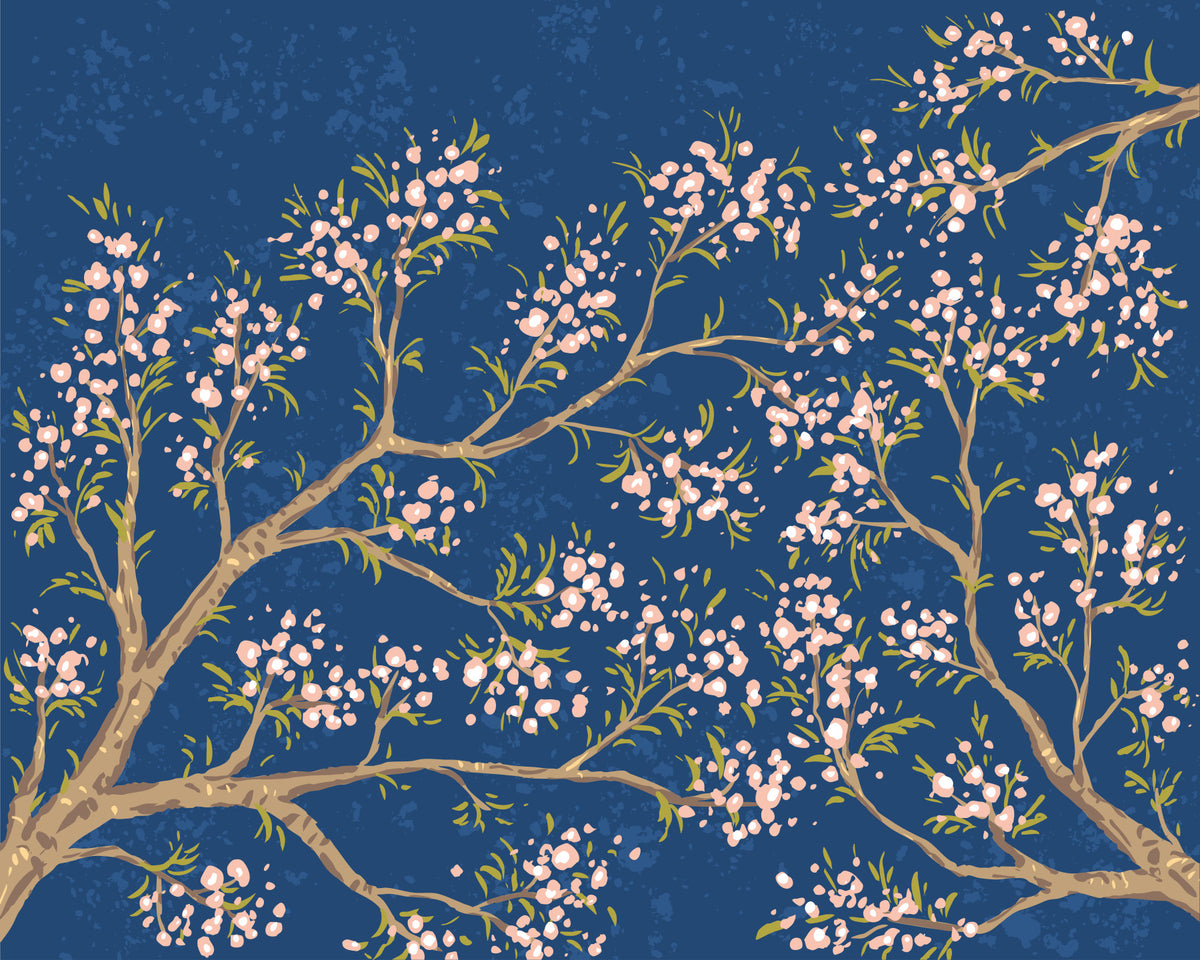 Pink Blossoms - Blue Background Wall Mural in your room
