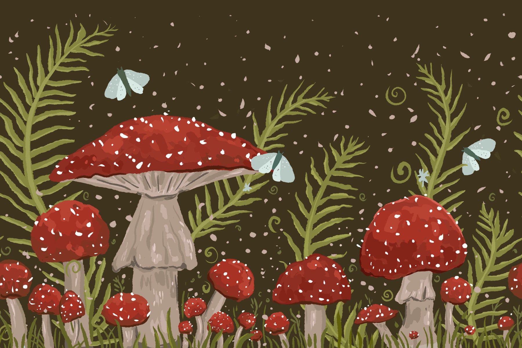 Whispers of Amanita - Red Mushrooms, Ferns, and Moths Wall Mural