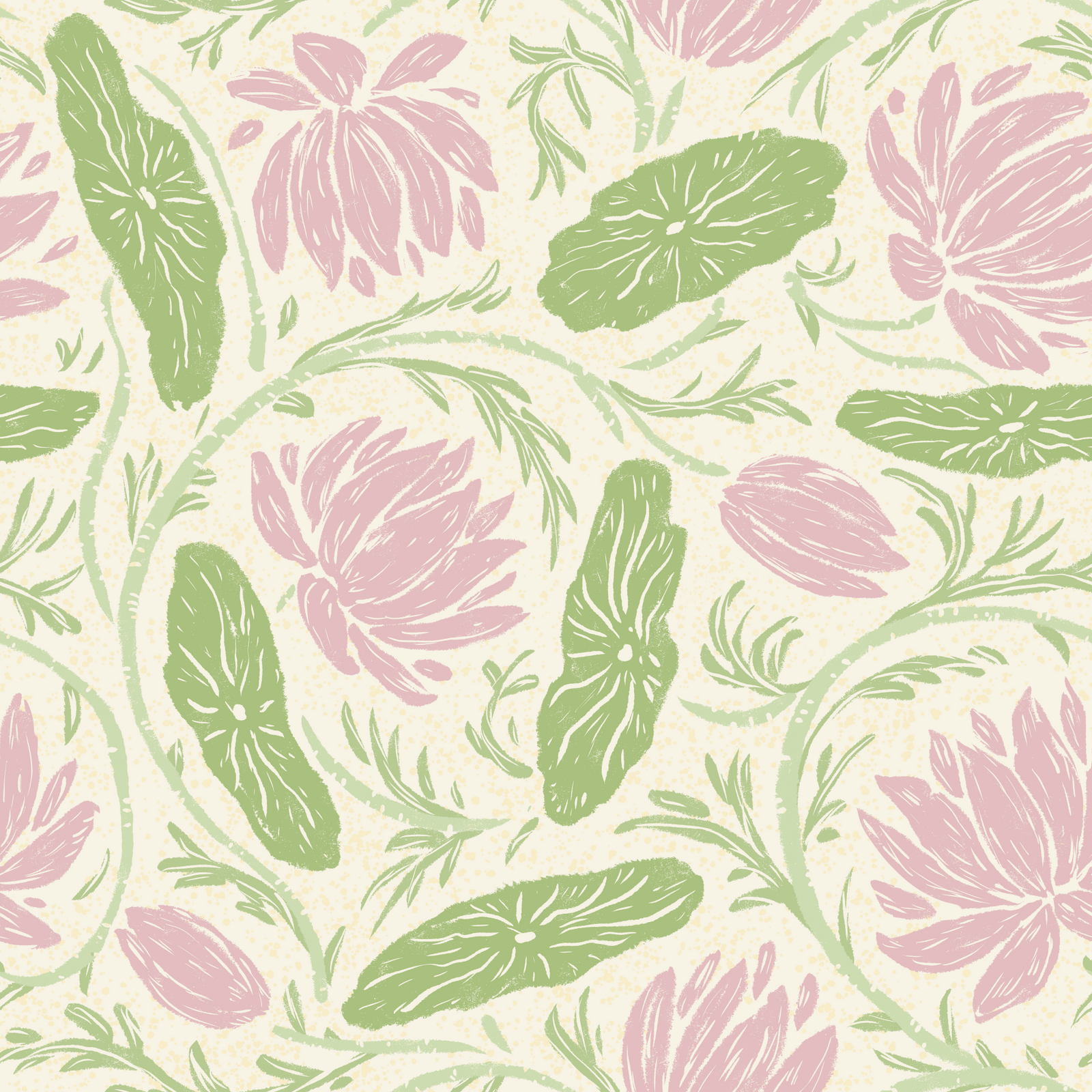 Lotus - Botanical Trailing Water Lily Floral Block Print-  Pink and Green Wallpaper⁠ in your room