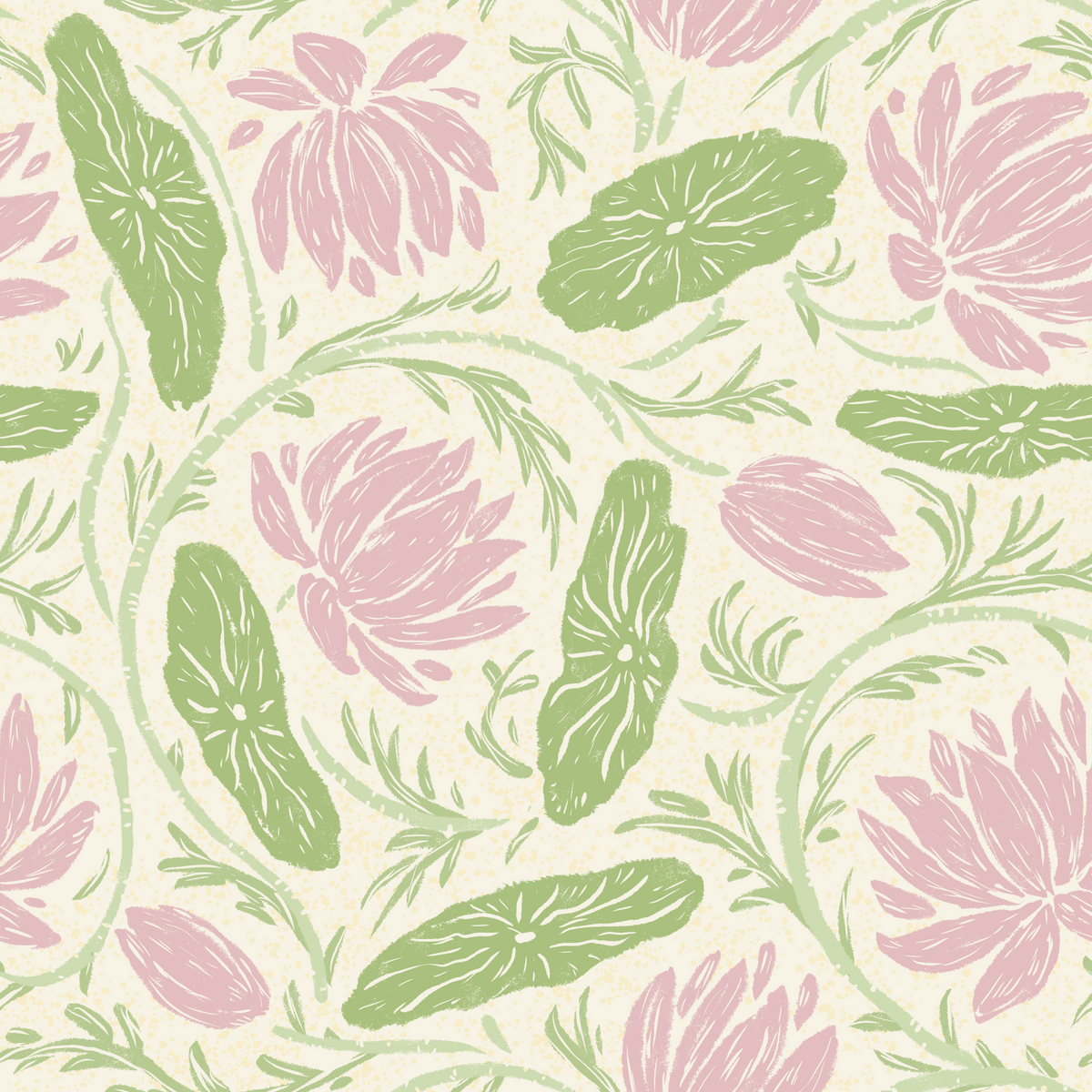Lotus - Botanical Trailing Water Lily Floral Block Print-  Pink and Green Wallpaper⁠ in your room — zoomed