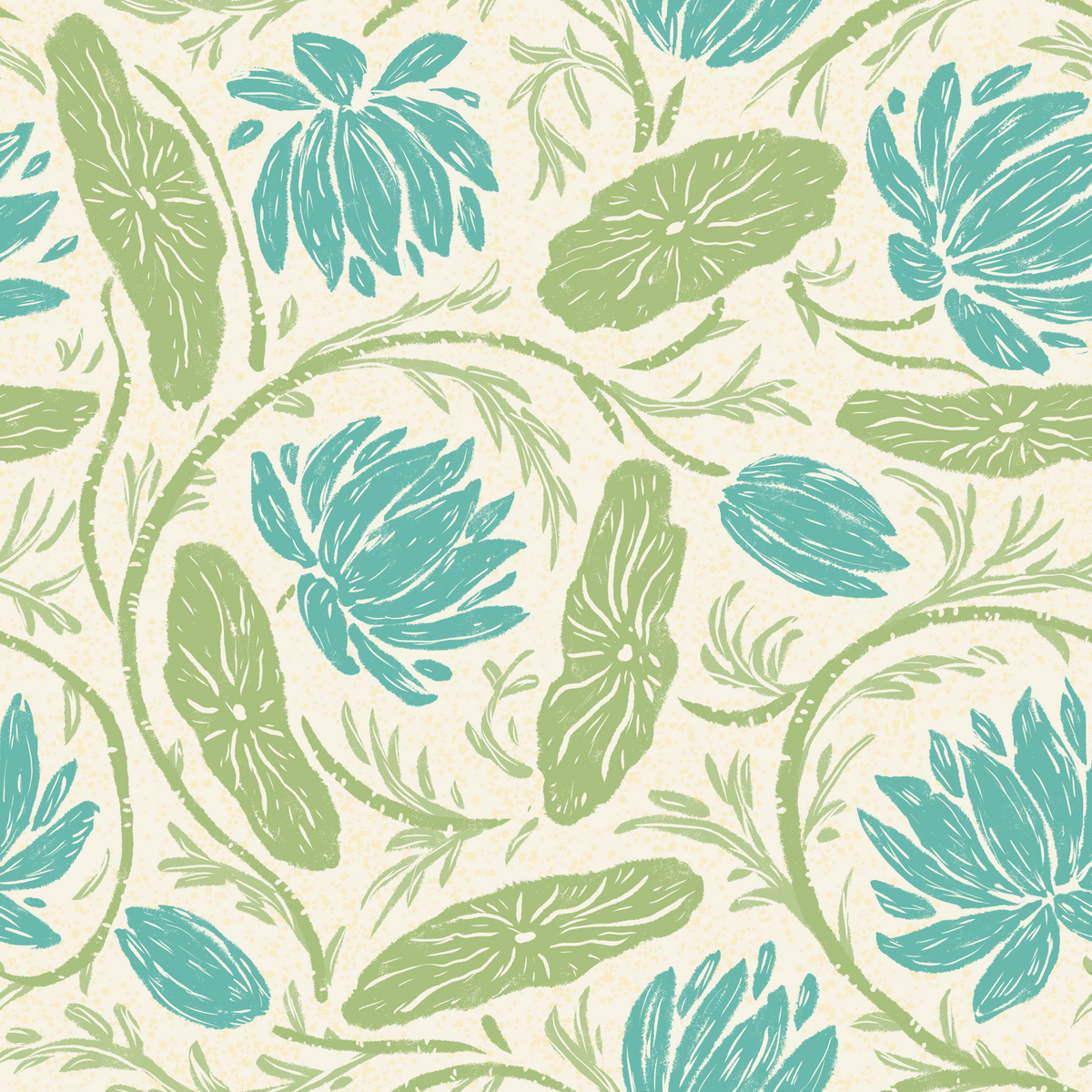 Lotus - Botanical Trailing Water Lily Floral Block Print-  Blue and Green Wallpaper⁠ in your room