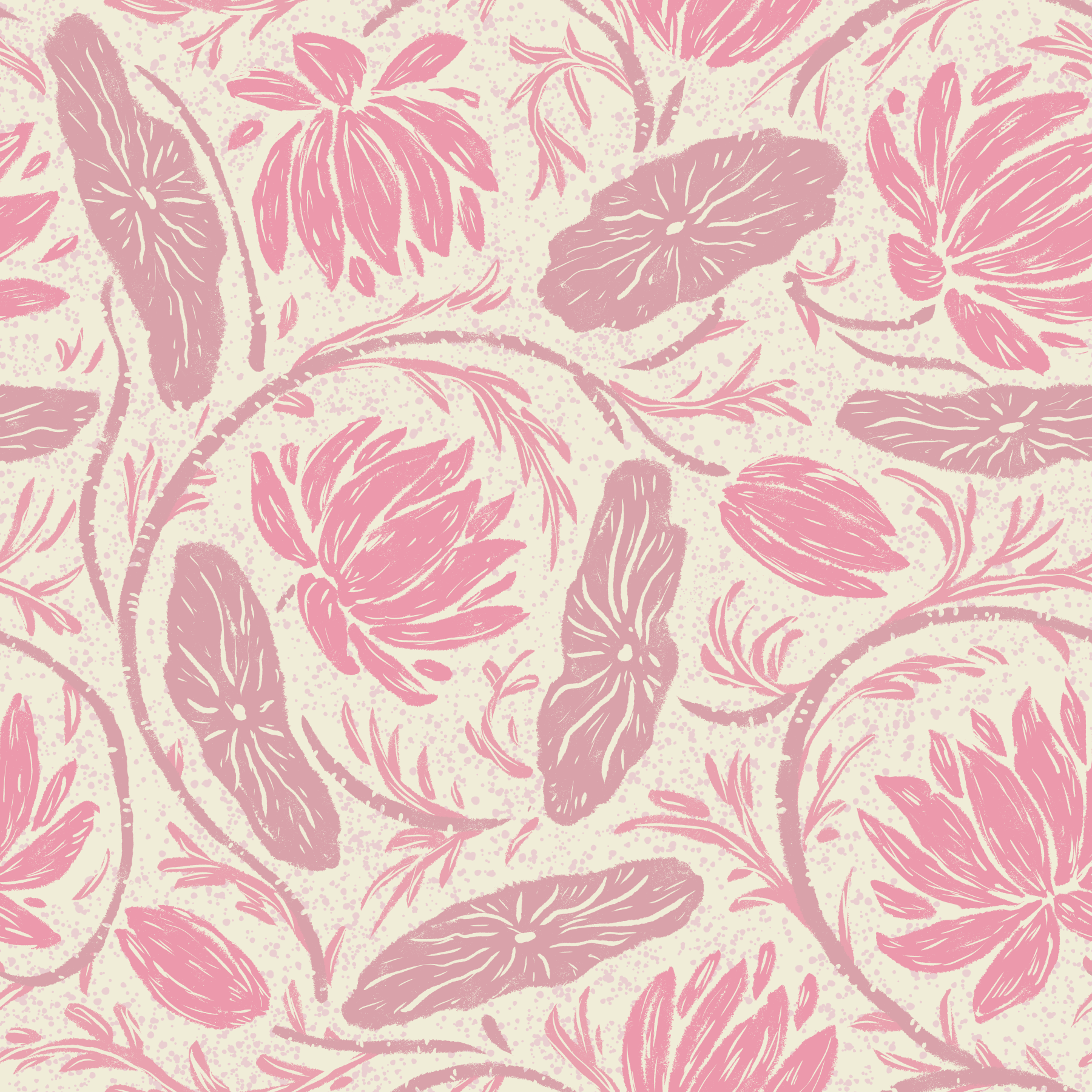 Lotus - Botanical Trailing Water Lily Floral Block Print-  Monochromatic Pink Wallpaper⁠