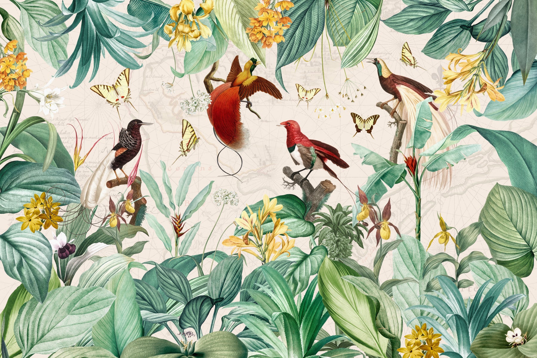 Vintage Botanical Bird Haven Wall Mural