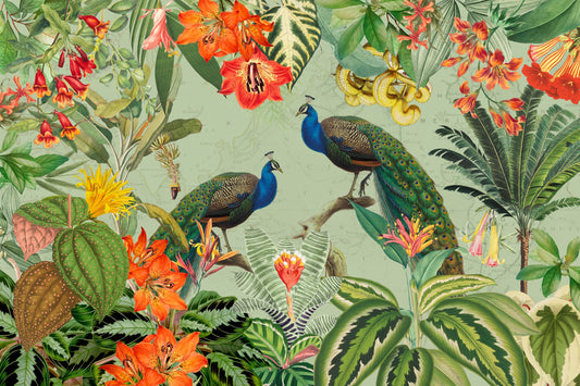 Exotic Flora & Peacock Haven Wall Mural