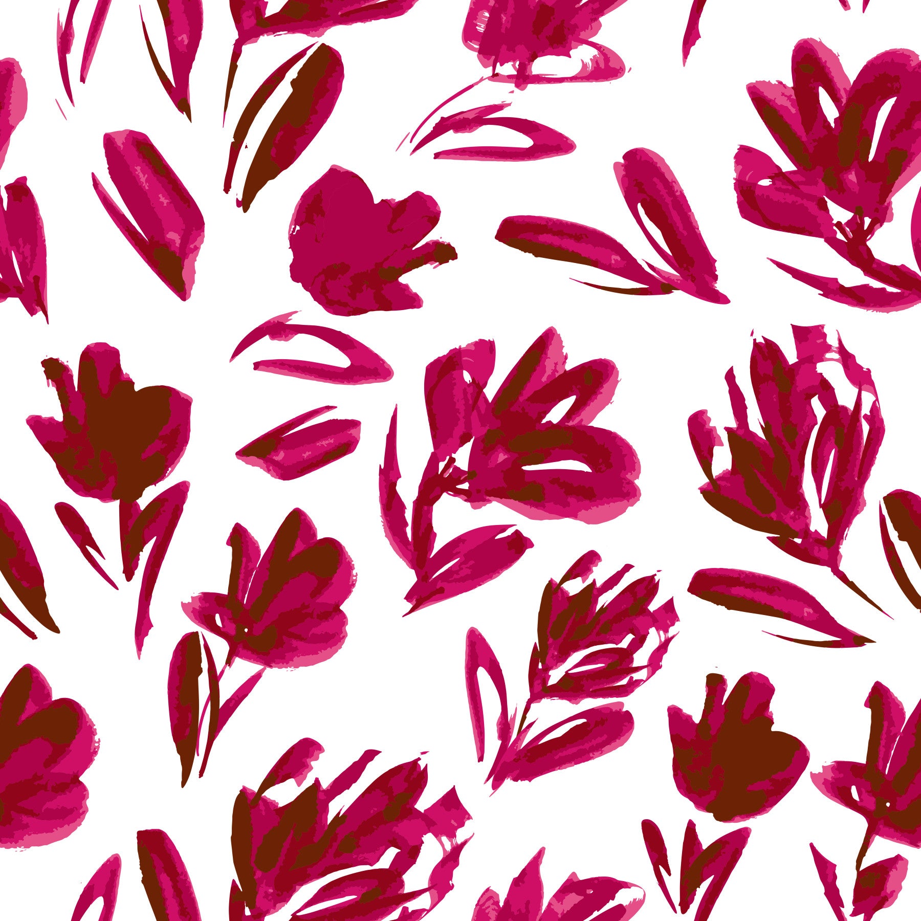 Wallpaper in a dining room holds fuchsia brushstroke flowers on white GD11599