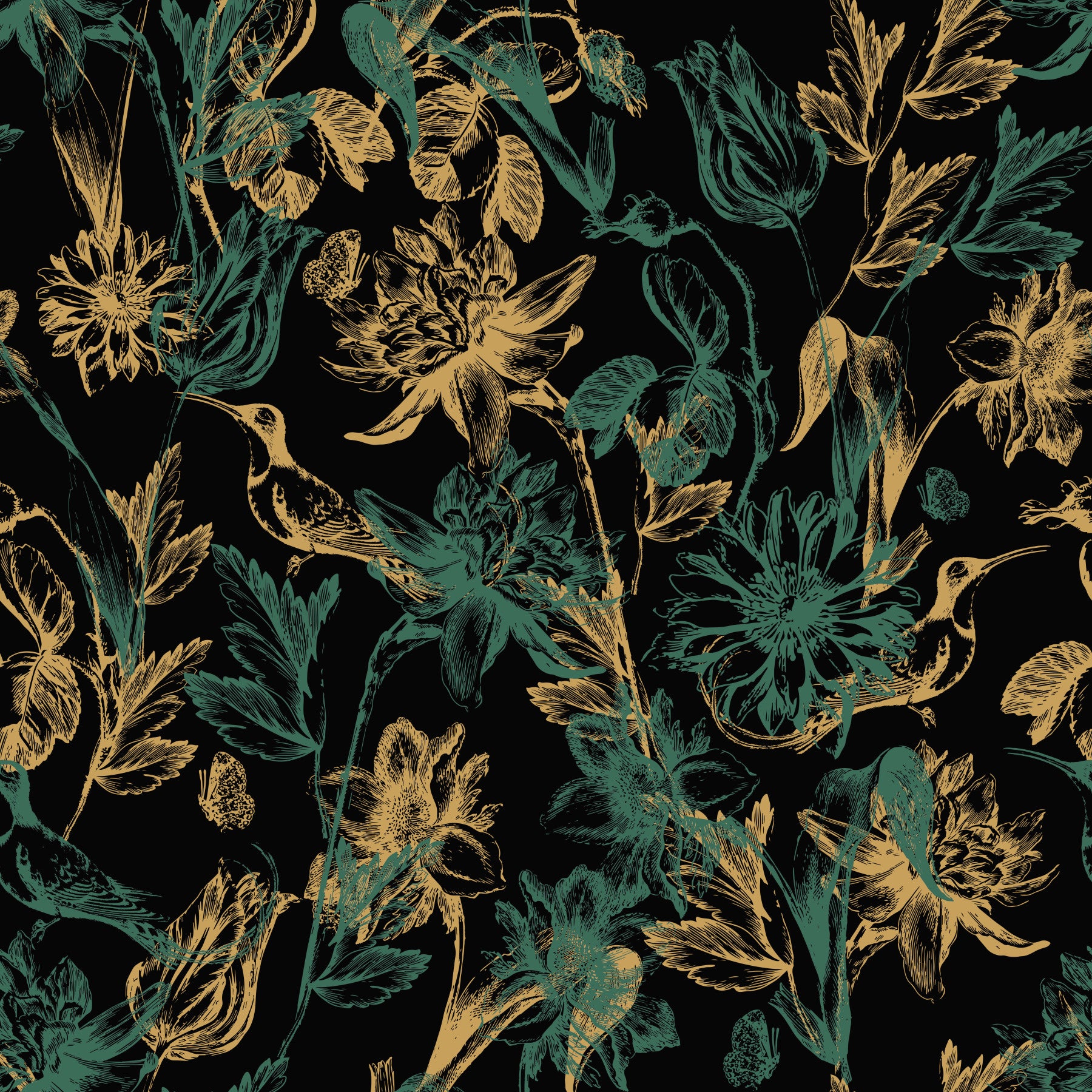 Golden Foliage and Hummingbird Art Wallpaper⁠