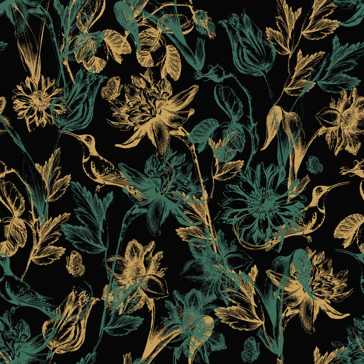 Golden Foliage and Hummingbird Art Wallpaper⁠ in your room — zoomed