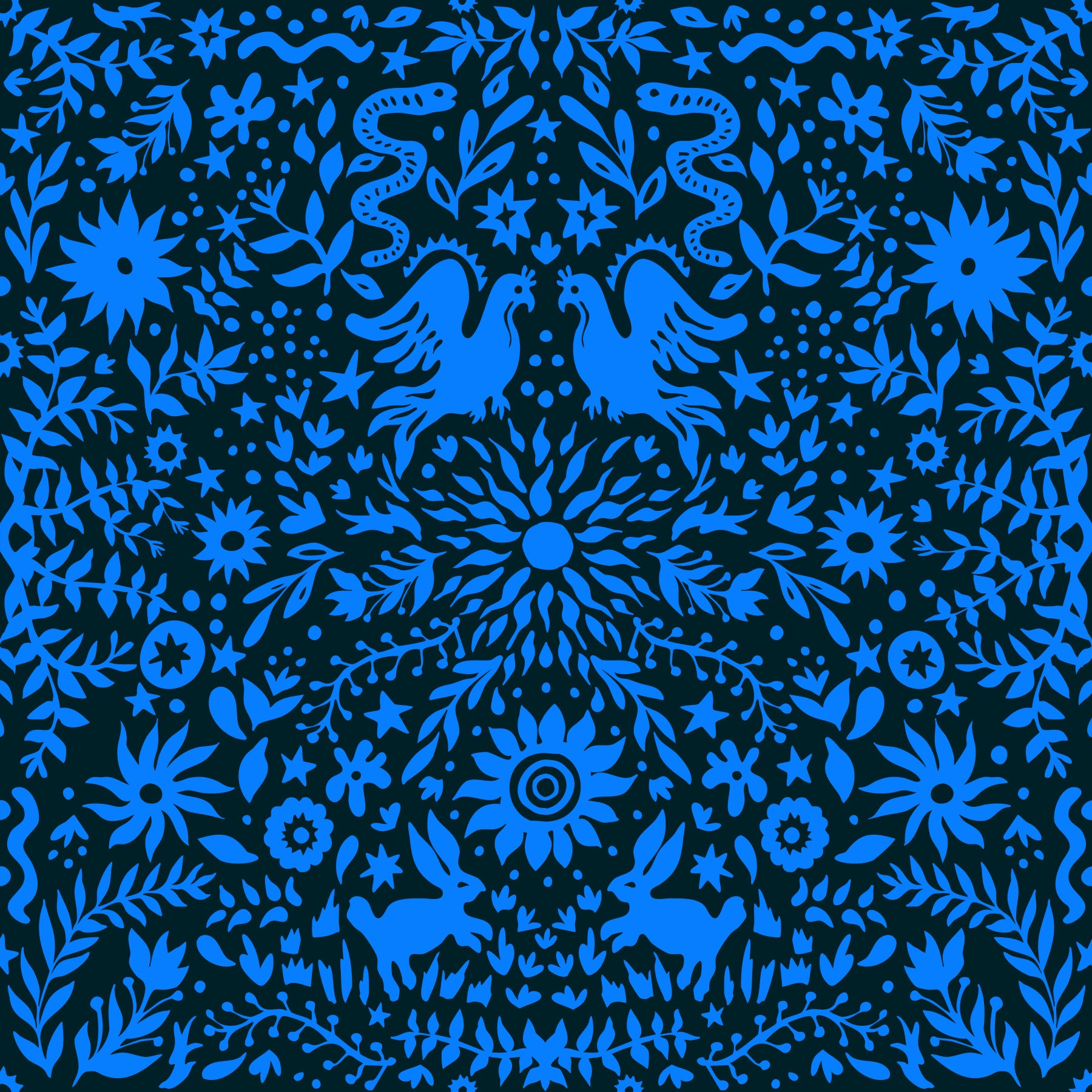 Mexican Folklore Blue Bird and Rabbit Motif Wallpaper⁠