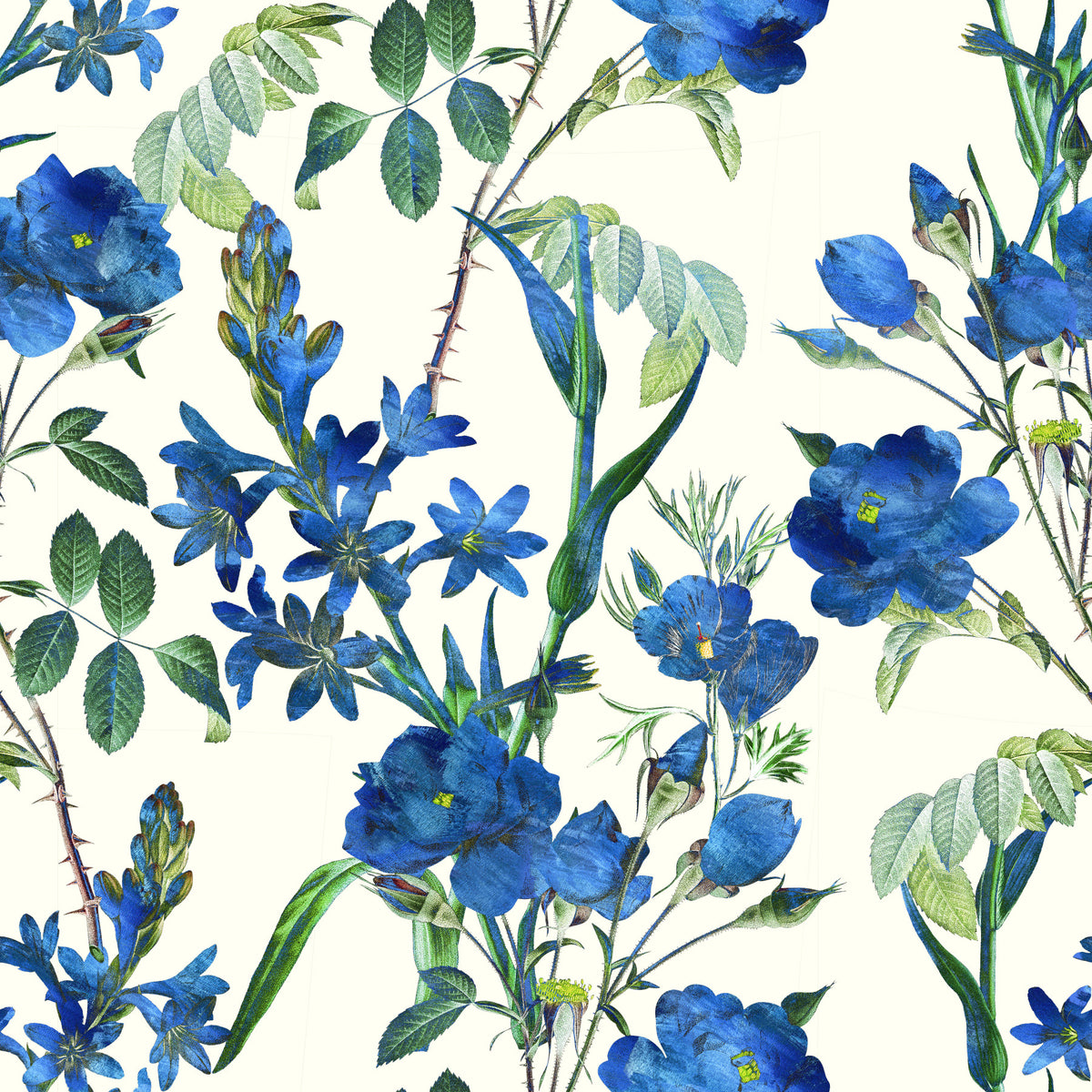 Vintage Indigo Wildflower Garden Pattern Wallpaper⁠