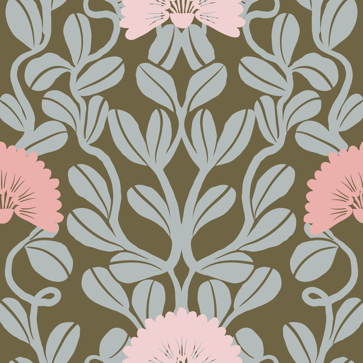 Sage and Blush Botanical Damask Wallpaper⁠ in your room — zoomed