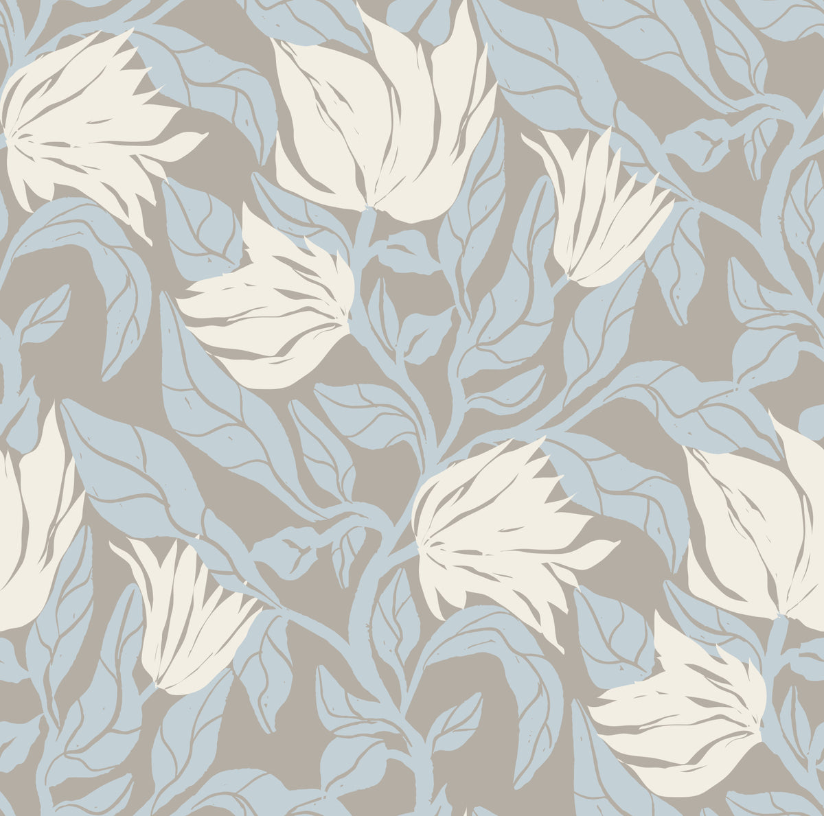 Serene Cream and Blue Floral Sketch Wallpaper⁠ in your room — zoomed