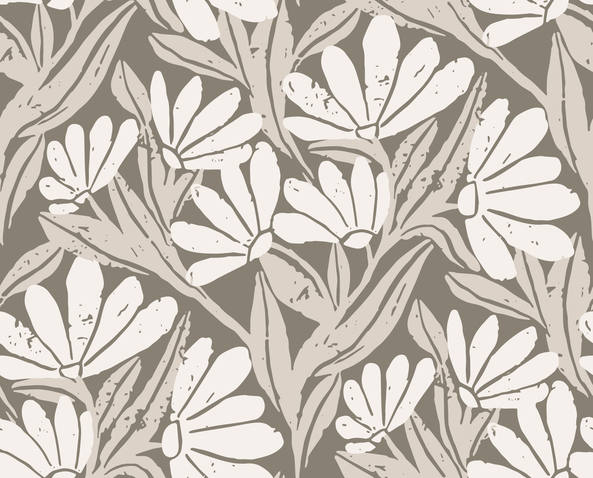 Rustic Cream and Taupe Flower Block Print Wallpaper⁠ in your room