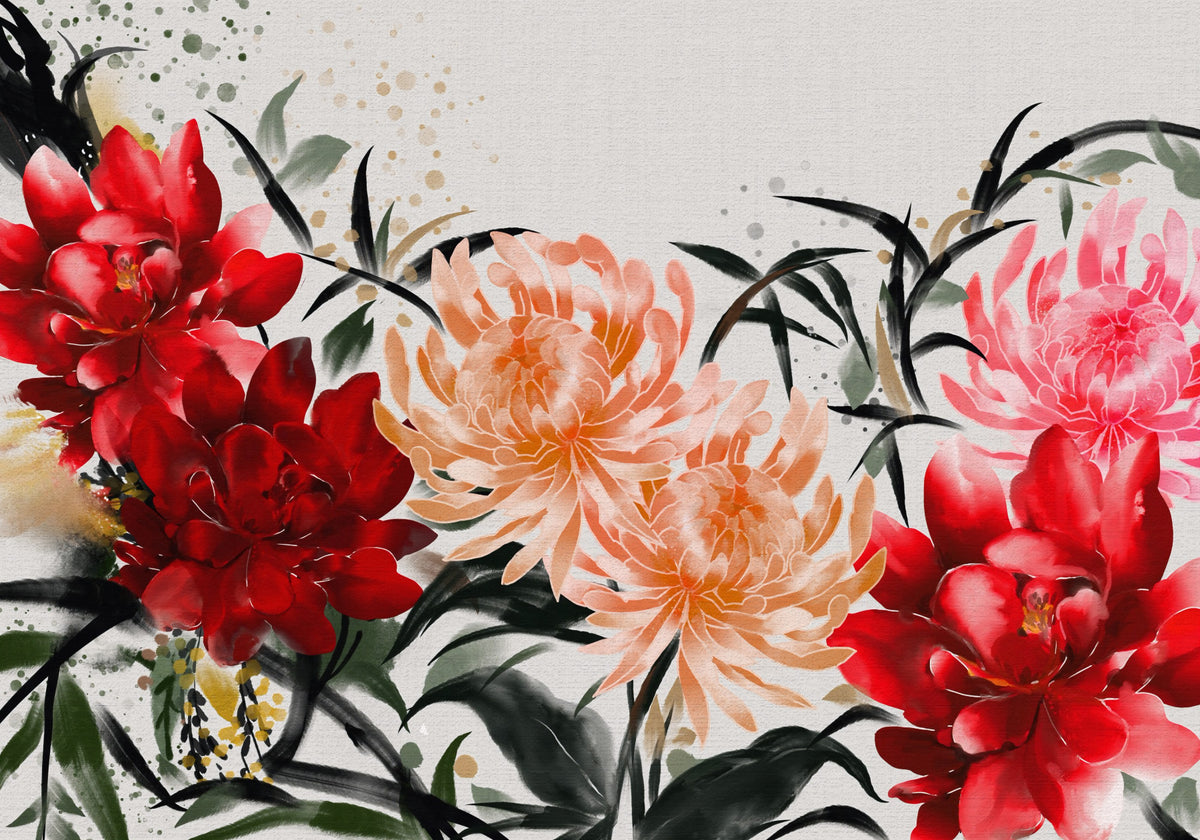 Crimson and Peach Floral Ink Wash Wall Mural in your room — zoomed