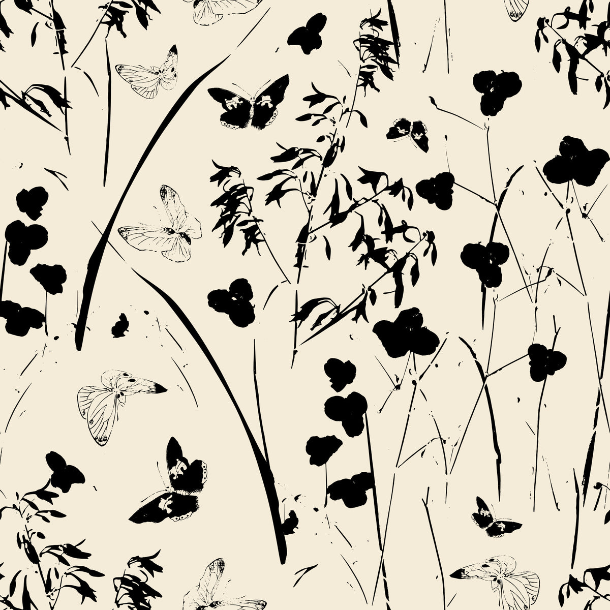 Silhouette Meadow and Butterfly Print Wallpaper⁠ in your room — zoomed