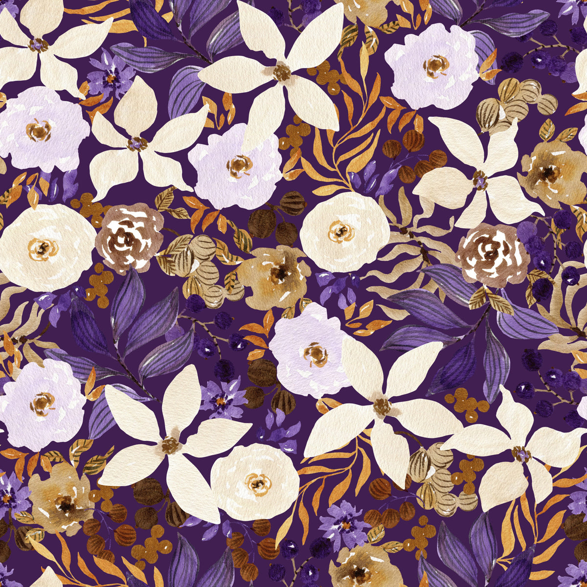 Rustic Cream and Purple Floral Repeat Wallpaper⁠ in your room
