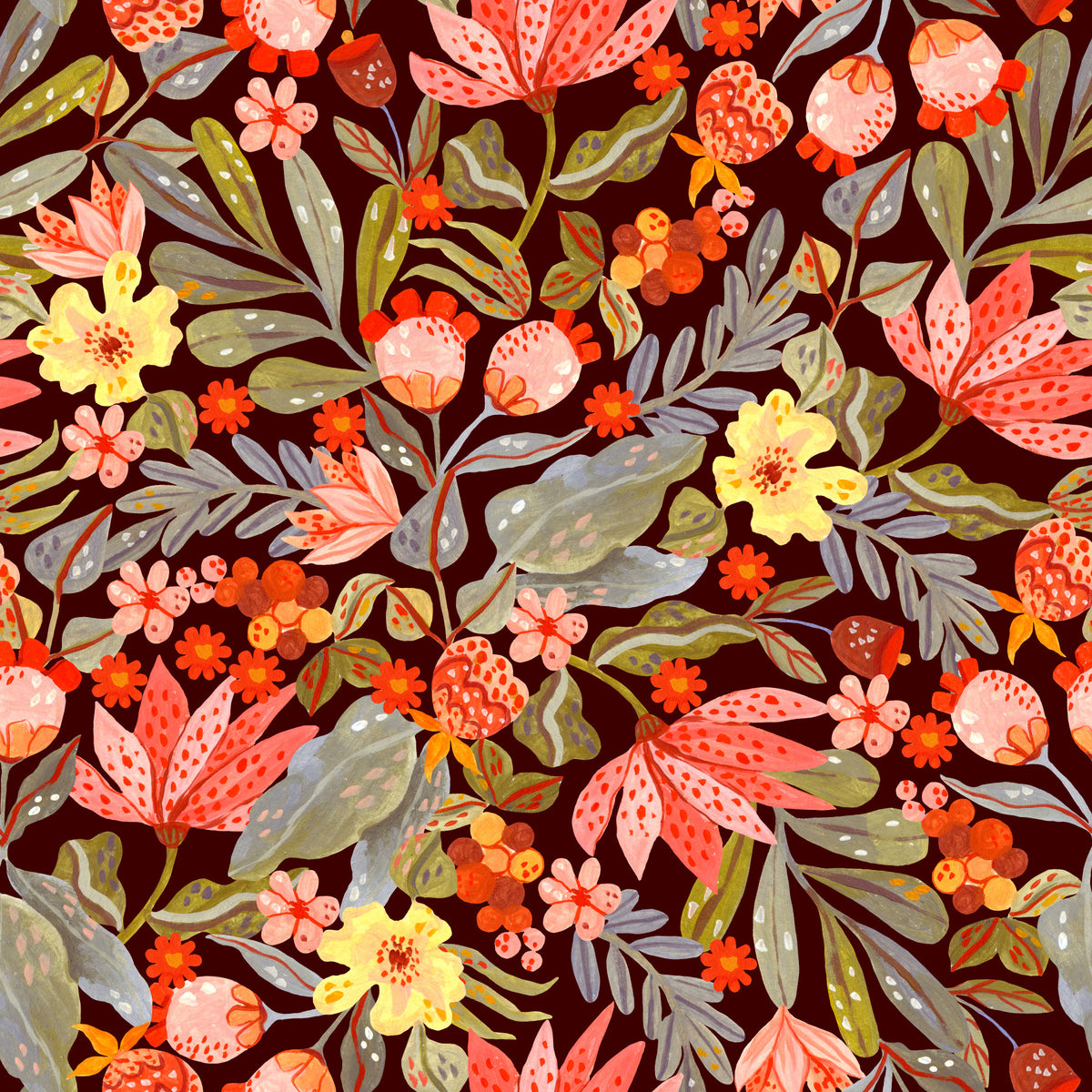 Whimsical Meadow Flora Repeat Wallpaper⁠ in your room — zoomed