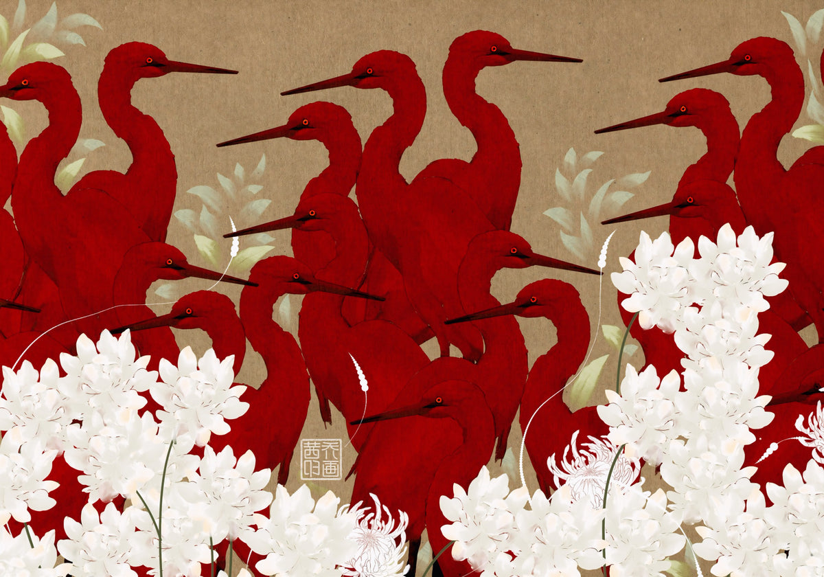 Crimson Herons and White Blossoms Wall Mural in your room — zoomed